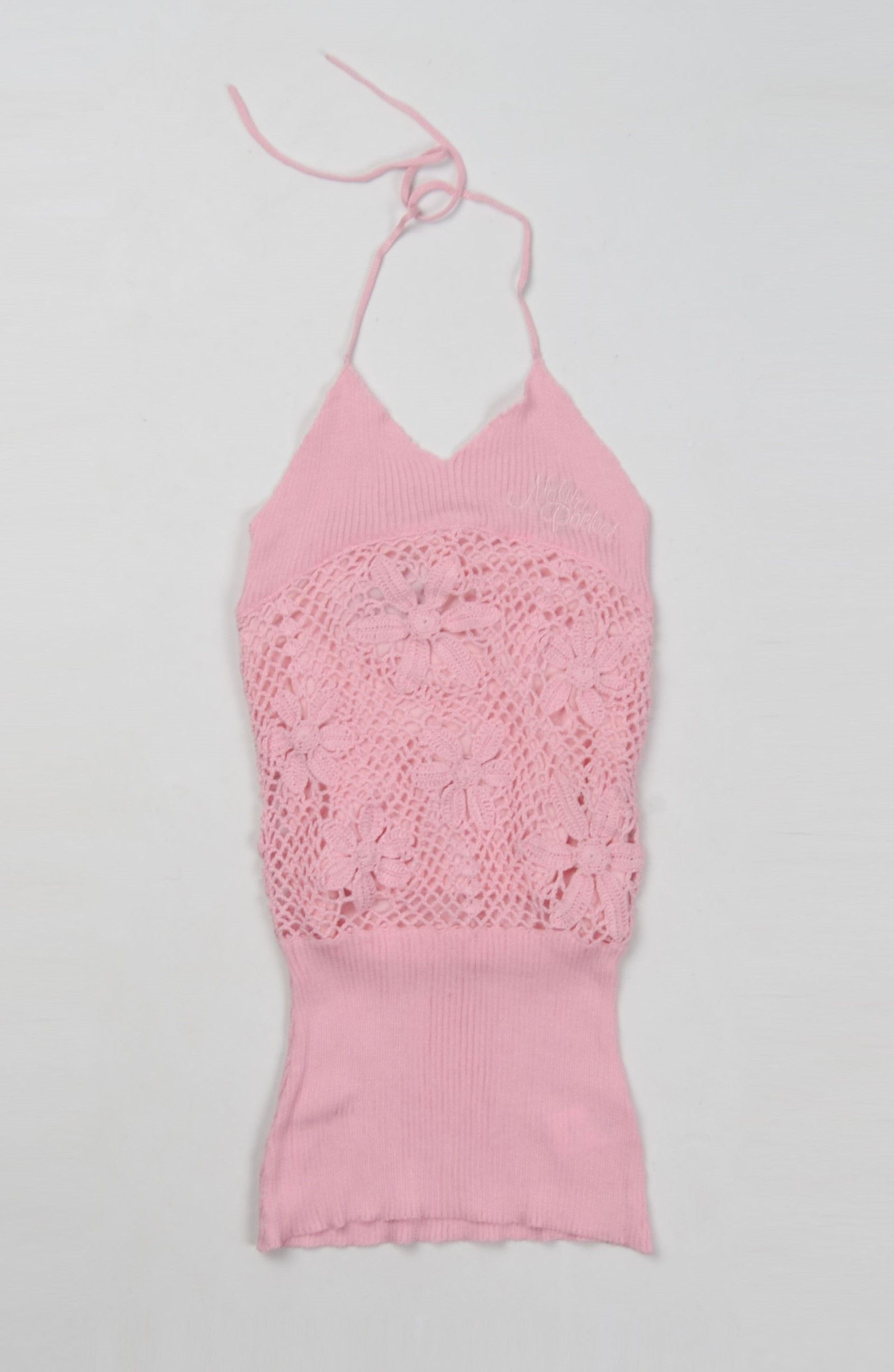 Designer × Vintage Nolita Pocket Y2K Fairy Pink Crochet Knit Halter Top Size XS / US 0-2 / IT 36-38 - 1 Thumbnail