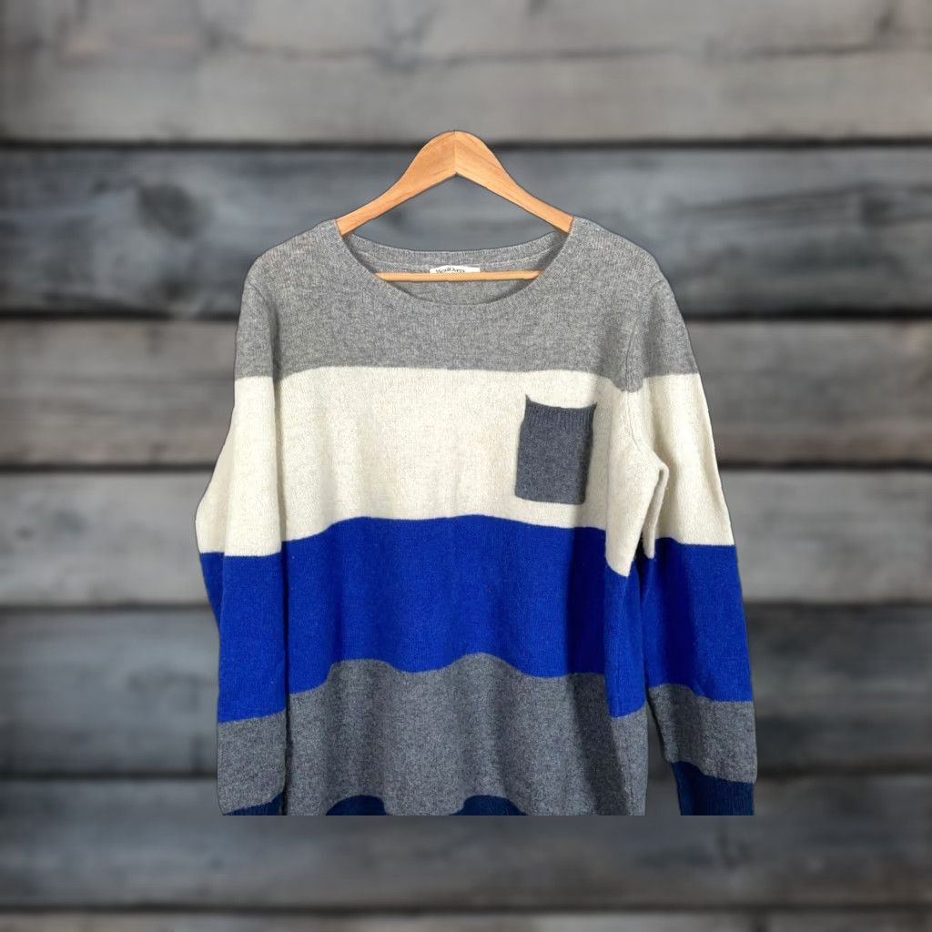Vintage Woolovers Sweater - Striped Pocket Knit - Blue Ivory - Women's XL - 100% Wool - Crew Neck - Machine Washable - 90s Preppy Size XL / US 12-14 / IT 48-50 - 1 Thumbnail