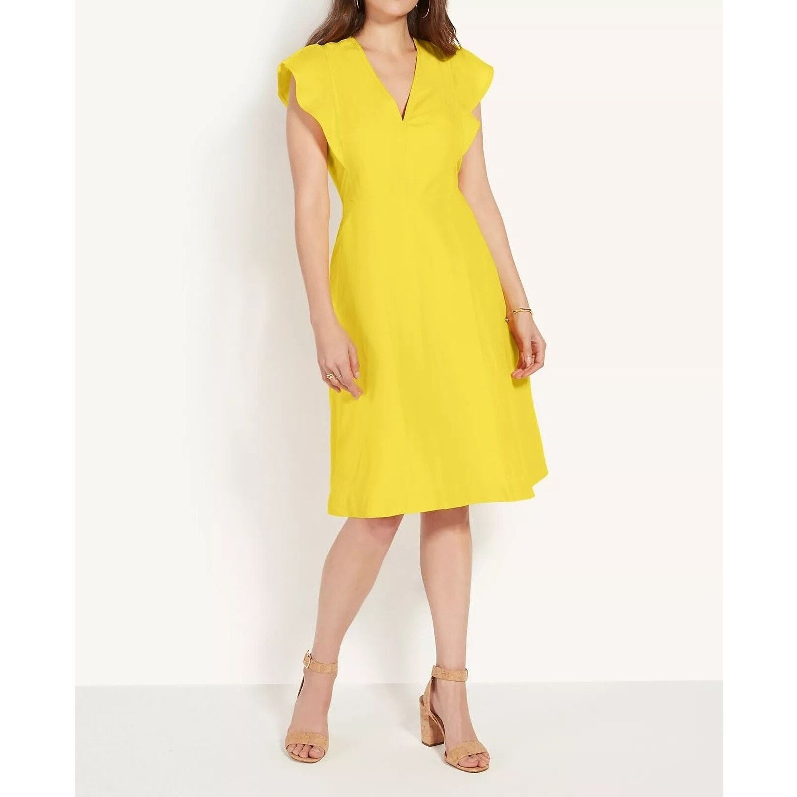 Ann Taylor Ann Taylor Ruffle Sleeve Midi Flare Dress Yellow Linen 8 Size M / US 6-8 / IT 42-44 - 8 Thumbnail
