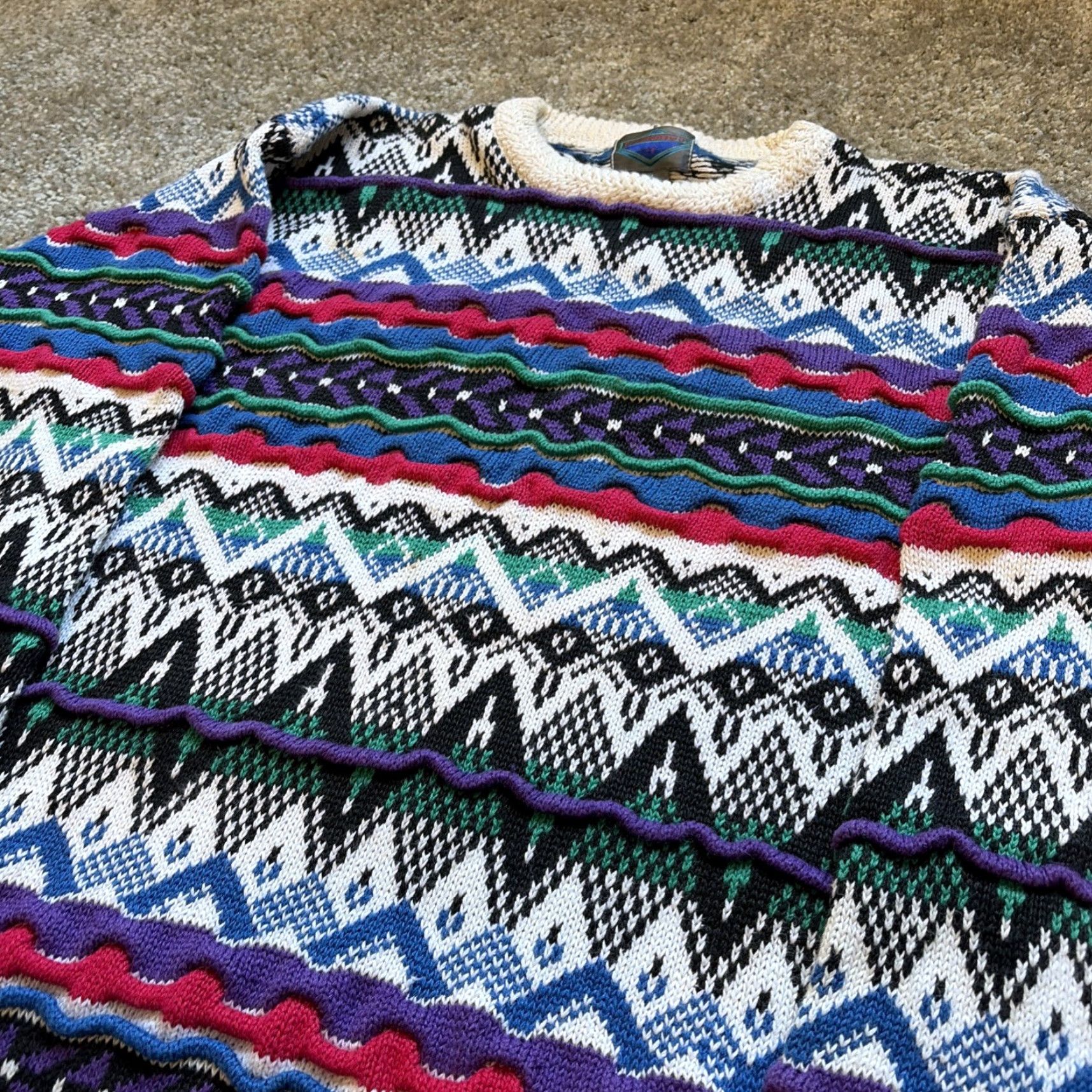 VINTAGE 90s Etchings Coogi Style 3D Cable Knit Multicolor Ramie Cotton Sweater M Men Crew Neck Pullover 90s