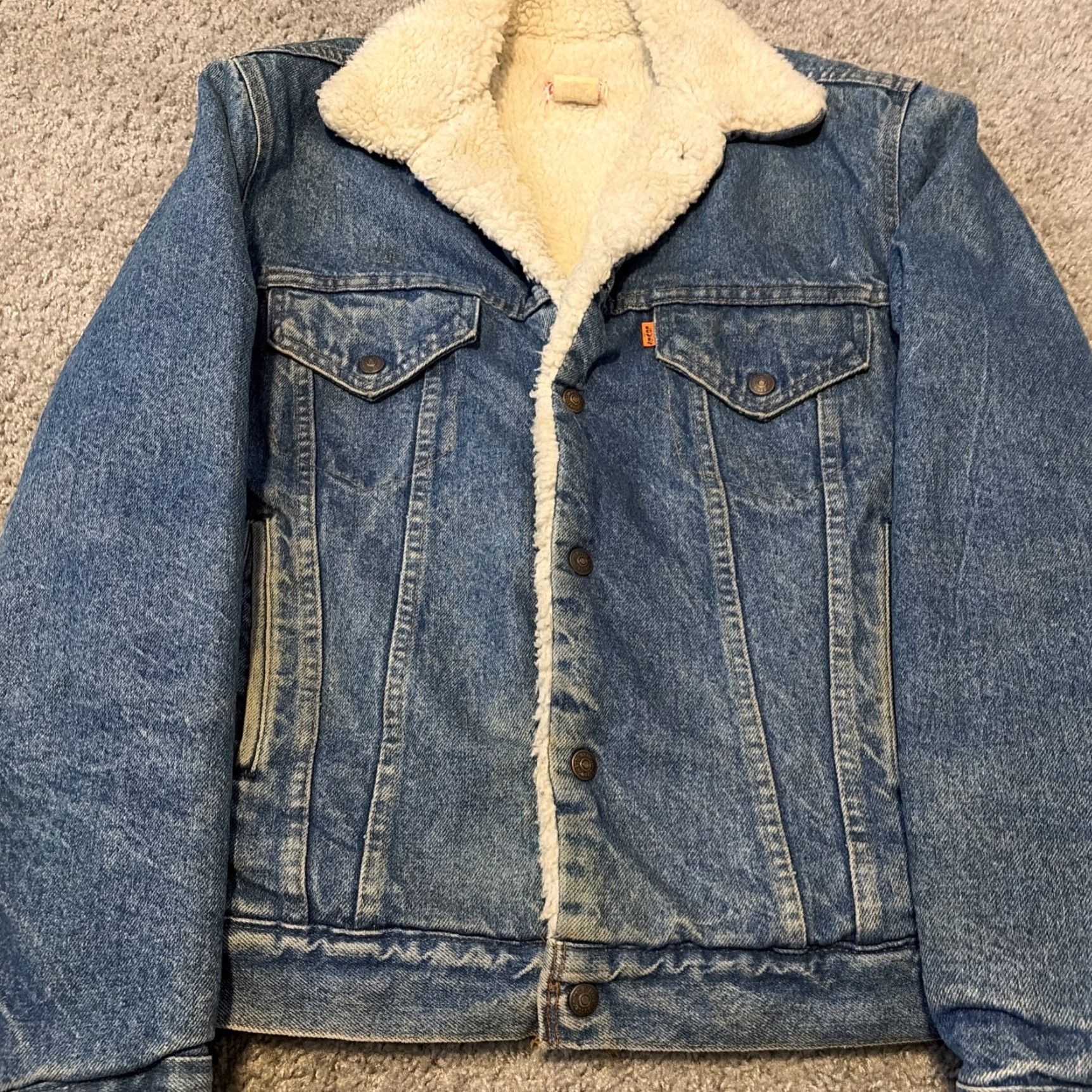Levi's VINTAGE Levi's Orange Tab Denim Jean Sherpa Jacket L Large Mens 70s Bomber Orange Denim Jacket Size US 33 - 3 Thumbnail