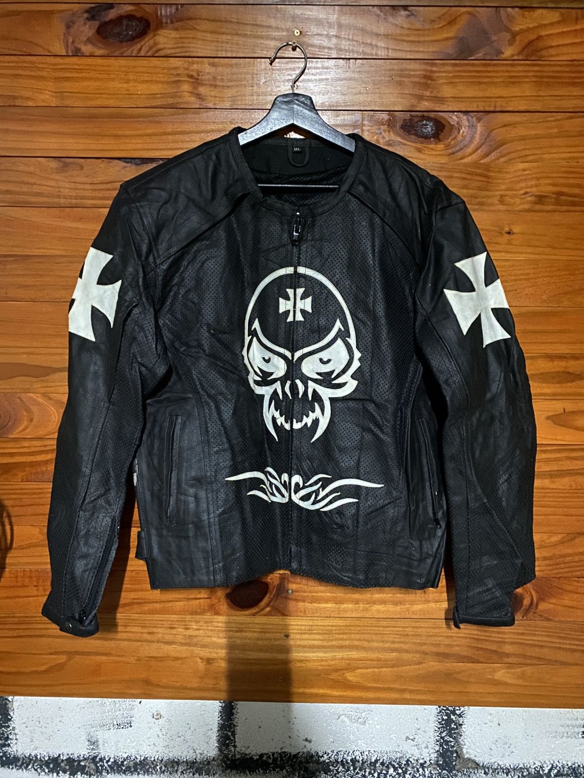 Japanese Brand SRAI Moto Black Leather Skull Jacket – Gothic Cross Tribal Size US L / EU 52-54 / 3 - 3 Thumbnail