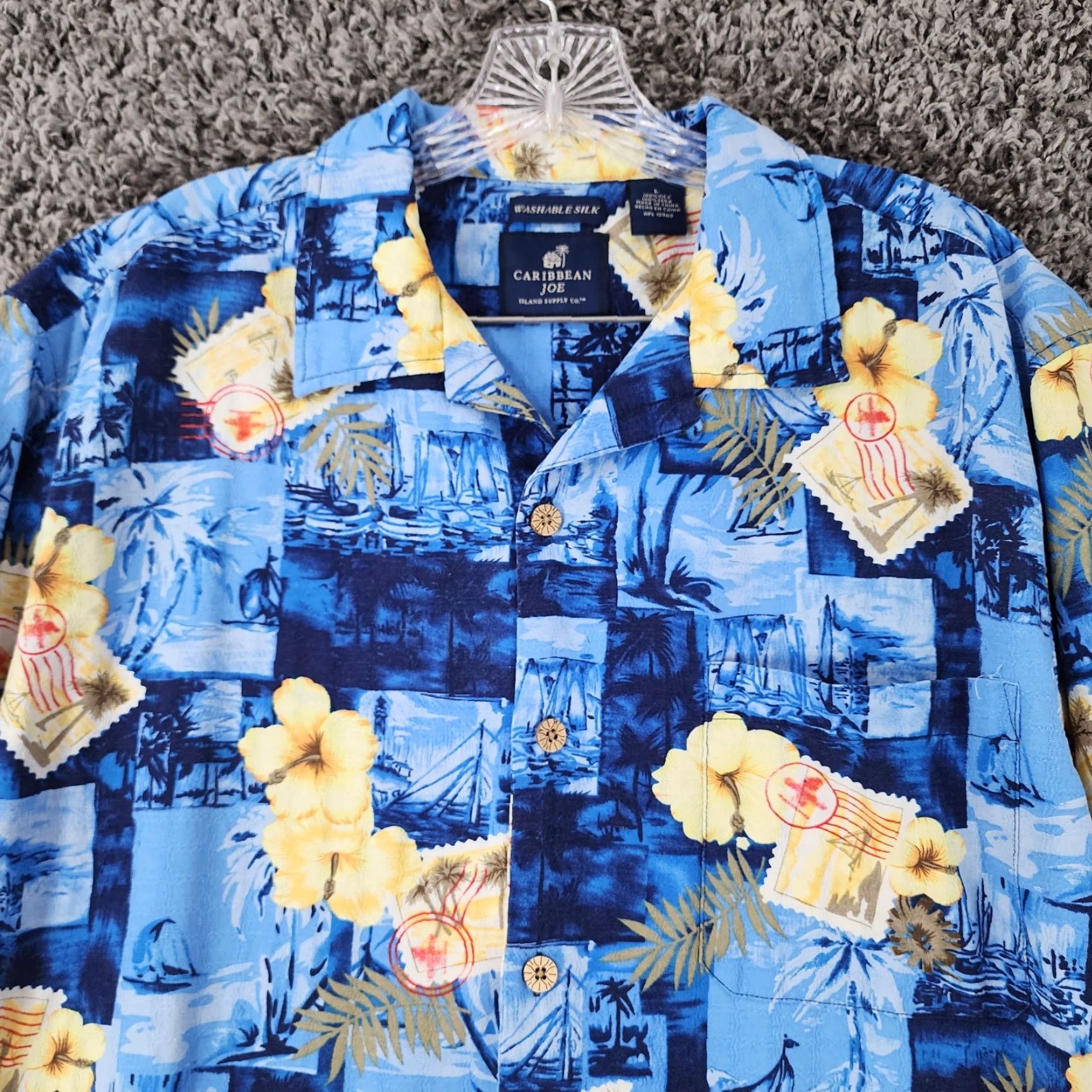 Vintage VINTAGE Caribbean Joe Hawaiian Floral Button-Up Shirt Mens Size L Blue 100% Silk Short Sleeve Size US 33 - 4 Thumbnail
