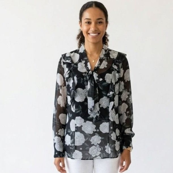 Karl Lagerfeld Karl Lagerfeld Women Black Floral Long Sleeve Blouse Size M Size M / US 6-8 / IT 42-44 - 1 Thumbnail