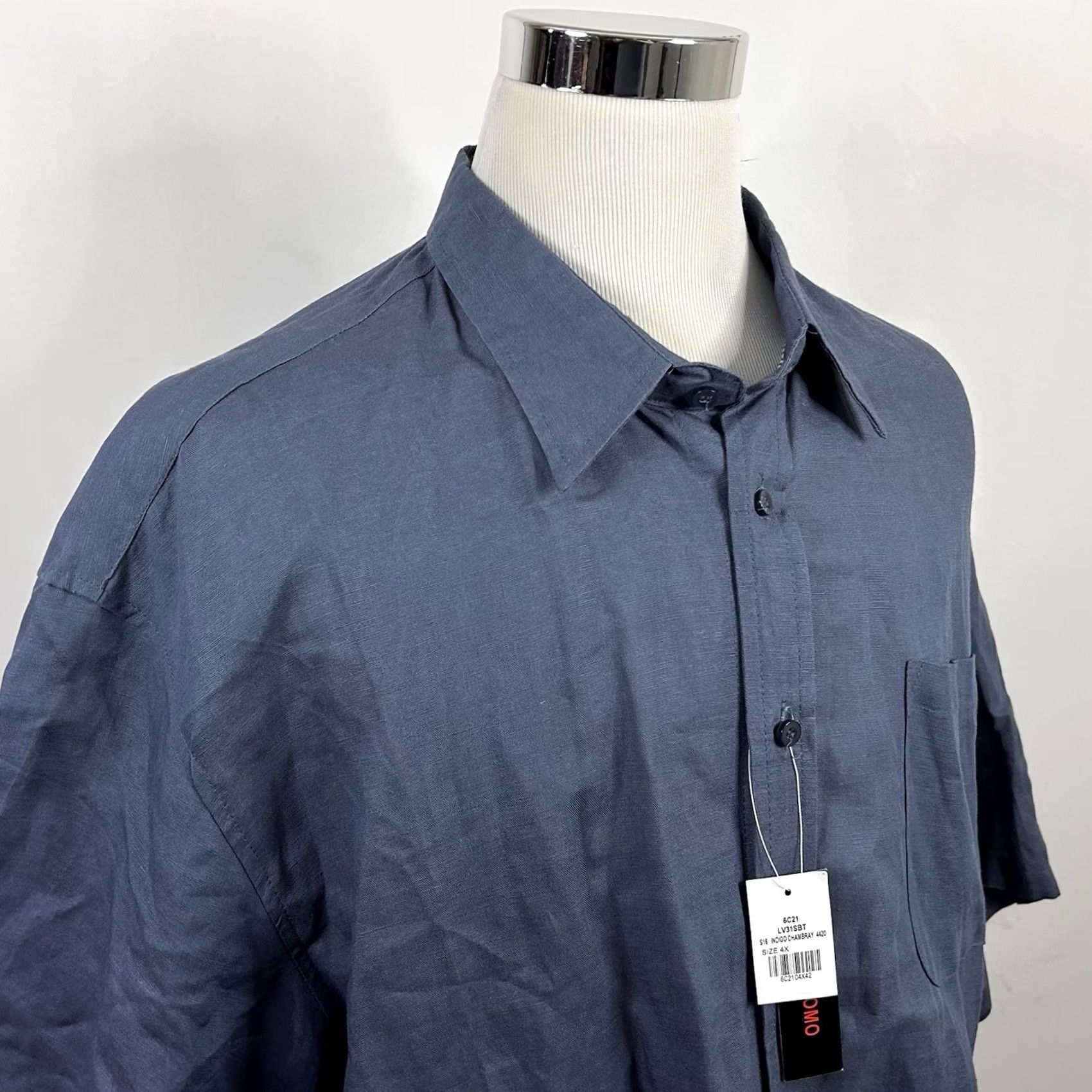 Vintage Linea Uomo 4X Linen Blend Shirt Indigo Chambray Blue Gray Short Sleeve Button-Up Collared NWT Big & Tall Mens Size US XXL / EU 58 / 5 - 2 Thumbnail