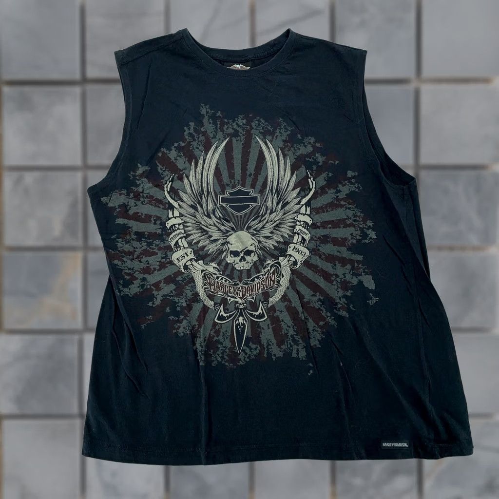 Harley Davidson Harley-Davidson Sleeveless Shirt Mens Large Black Muscle Tee Biker Skull Wings Graphic Print Crew Neck Shirt Mens Size US L / EU 52-54 / 3 - 1 Thumbnail