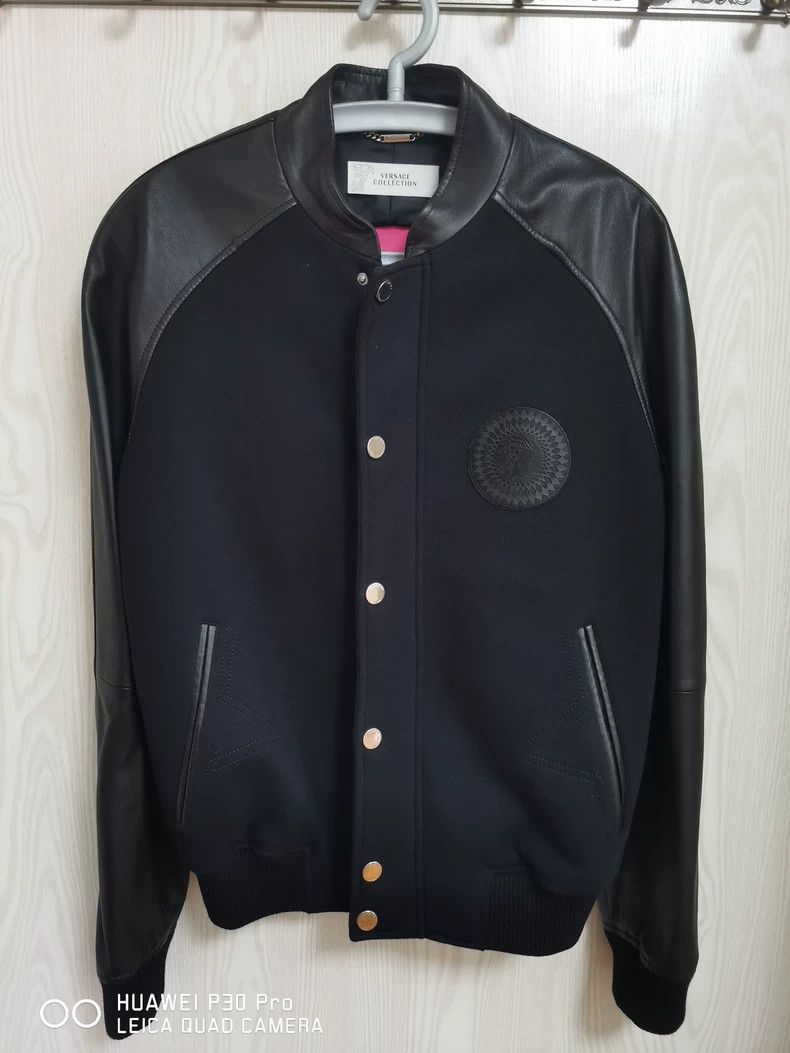 Versace Navy Blue Patchwork Leather Jacket Coat - dmc
