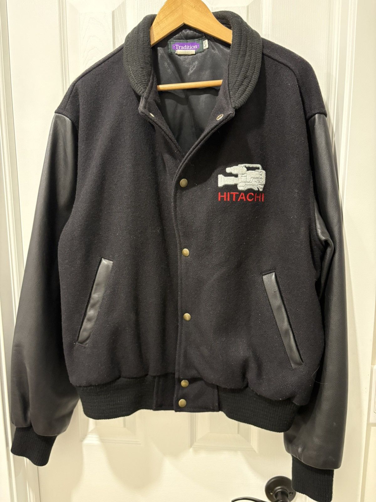 Vintage Hitachi cameras wool leather bomber jacket