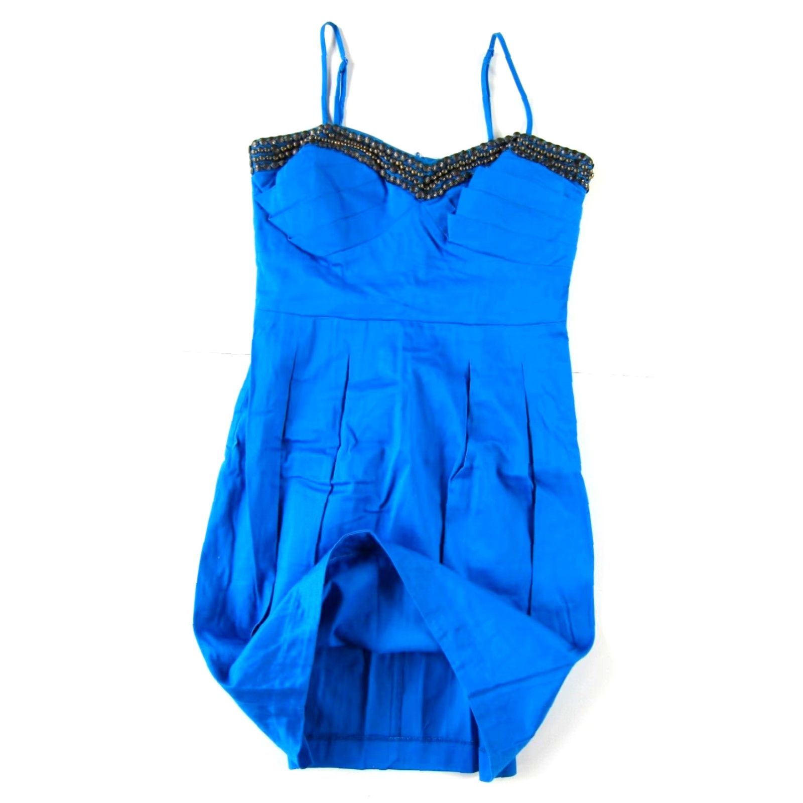 Vintage BISOU BISOU Royal Blue Beaded Pleated Spaghetti Strap Mini Sheath Dress 8 Size M / US 6-8 / IT 42-44 - 6 Thumbnail