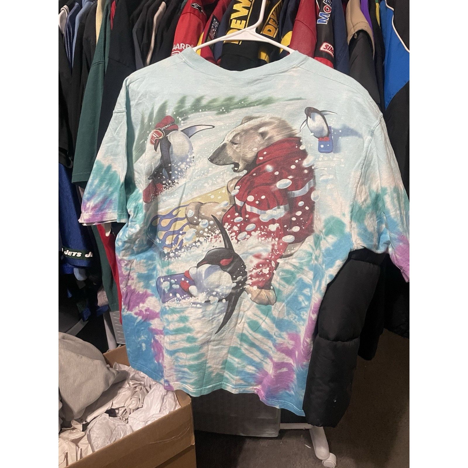 SIZE L-VTG LIQUID BLUE 1997 POLAR BEAR PENGUIN AOP SHIRT