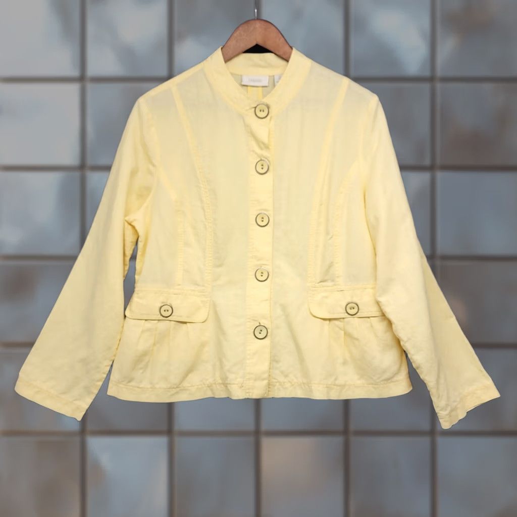 Vintage Chicos Jacket Blazer Womens Size L US Large Button Front Linen Cotton Yellow, Boys? Size L / US 10 / IT 46 - 1 Thumbnail