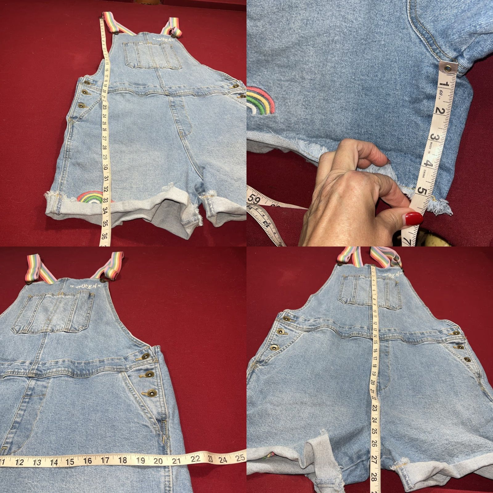 Vintage PRIDE Rainbow Blue Shortall Large Denim Shorts Bib Overalls Rainbow Straps Size 40" / US 18 - 8 Thumbnail