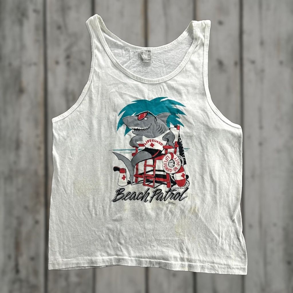 Vintage VINTAGE Beach Patrol Shirt Mens Medium White Shark Lifeguard Tank Top 90s Funny AllSport Crew Neck Sleeveless Graphic Print Beach Summer 1991 Mens Size US M / EU 48-50 / 2 - 1 Thumbnail