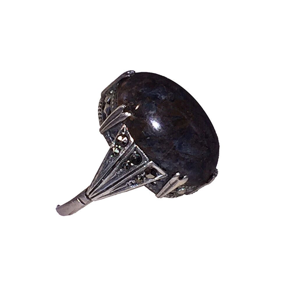 Designer Deco Sterling Oblong Green & Dark Blue Jasper Marcasite Ring Size ONE SIZE - 2 Thumbnail