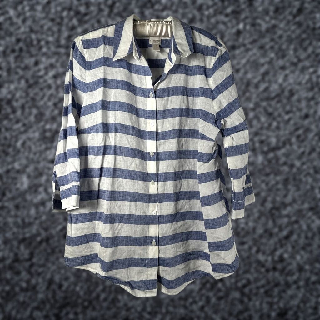 Vintage Chico's Shirt Striped Blue White Button-Down Non Iron Linen 2 XS? Size XS / US 0-2 / IT 36-38 - 1 Thumbnail