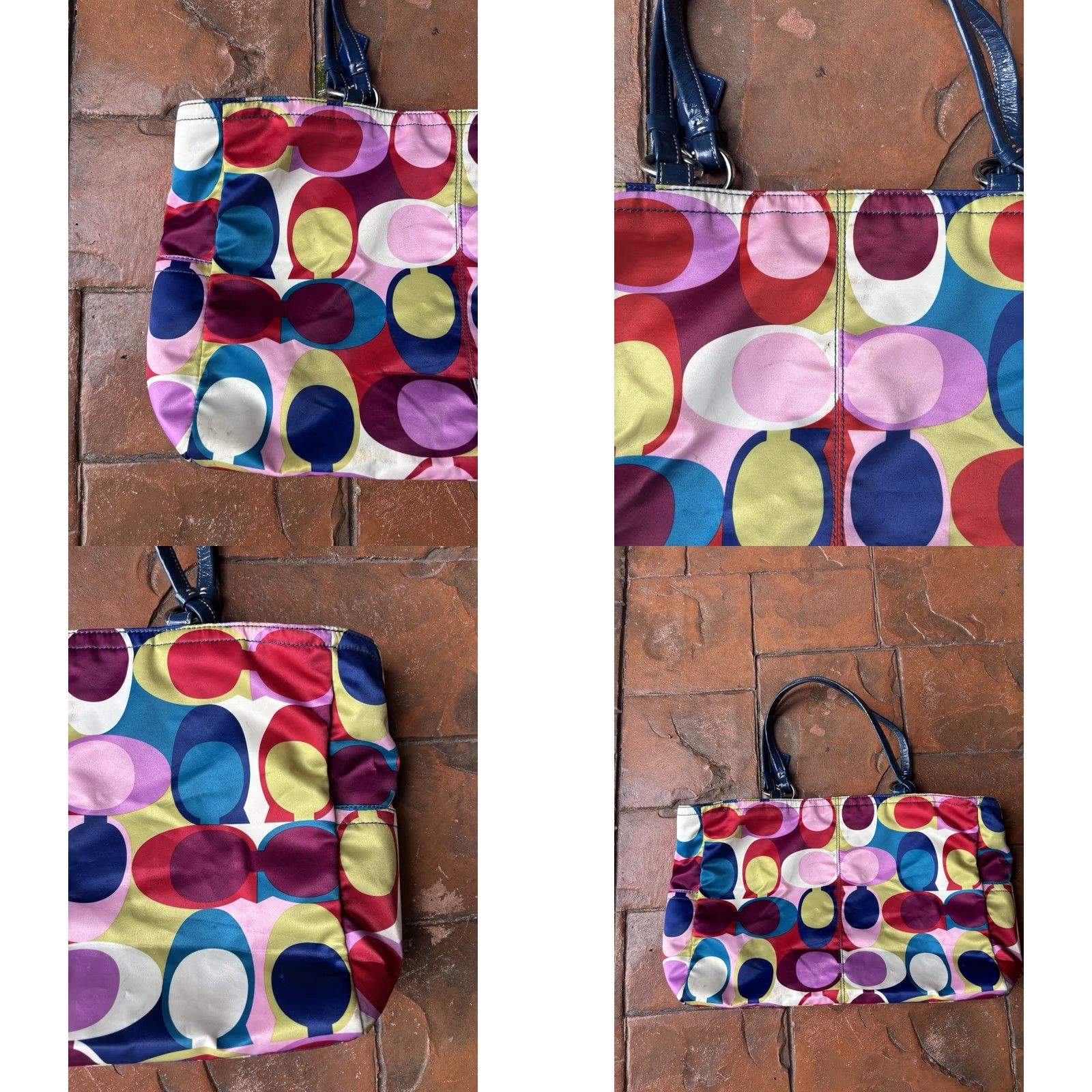 Coach Coach Poppy Signature Sateen Large Tote Shoulder Bag Scarf Print Bag Charm Multicolor Satin Leather Blue Handles Womens Shoulder Bag Medium Size ONE SIZE - 8 Thumbnail