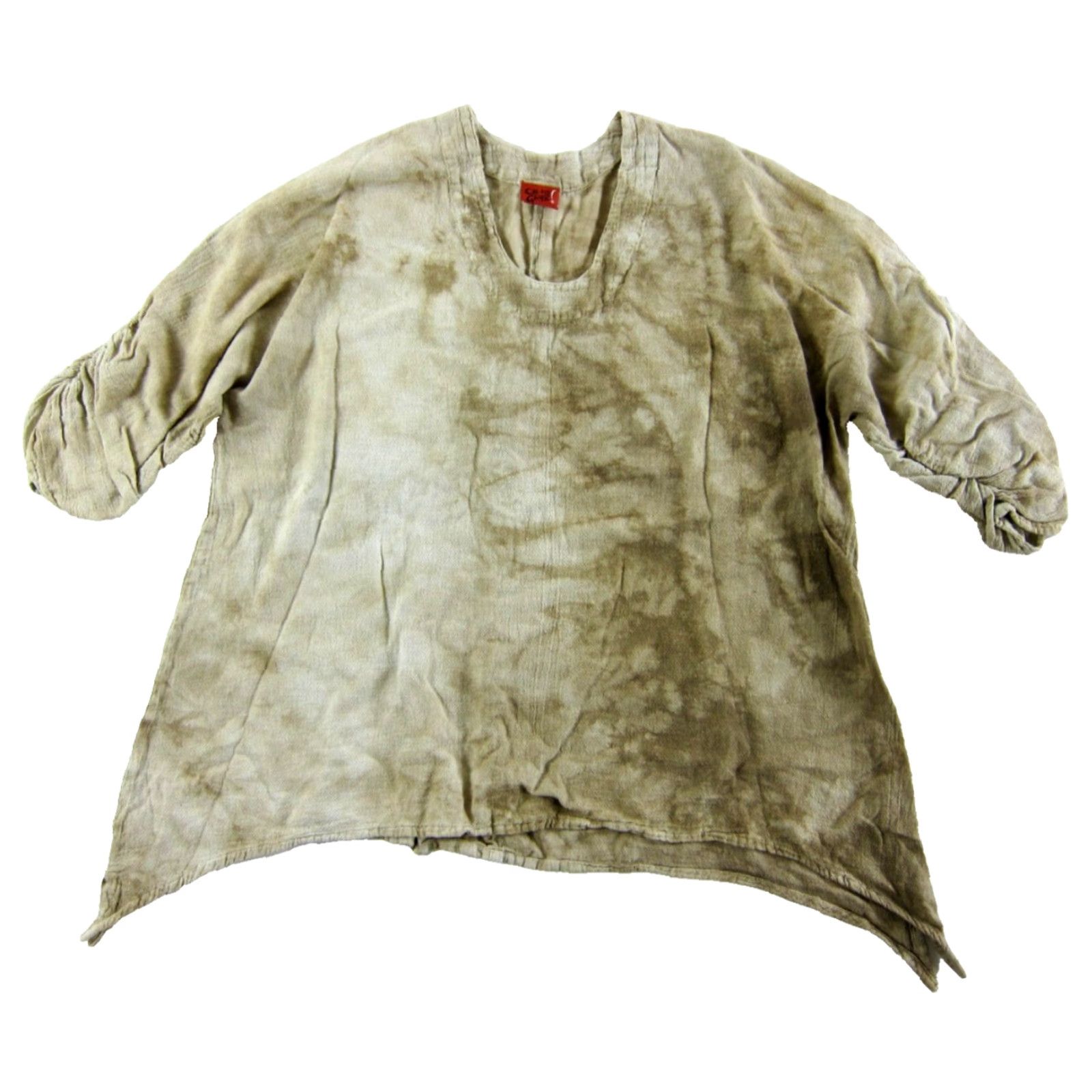 Vintage Oh My Gauze! 100% Cotton Ivory Brown Tie Dye 3/4 Sleeve Asymmetrical Blouse 2X/3 Size XXL / US 16-18 / IT 52-54 - 2 Thumbnail