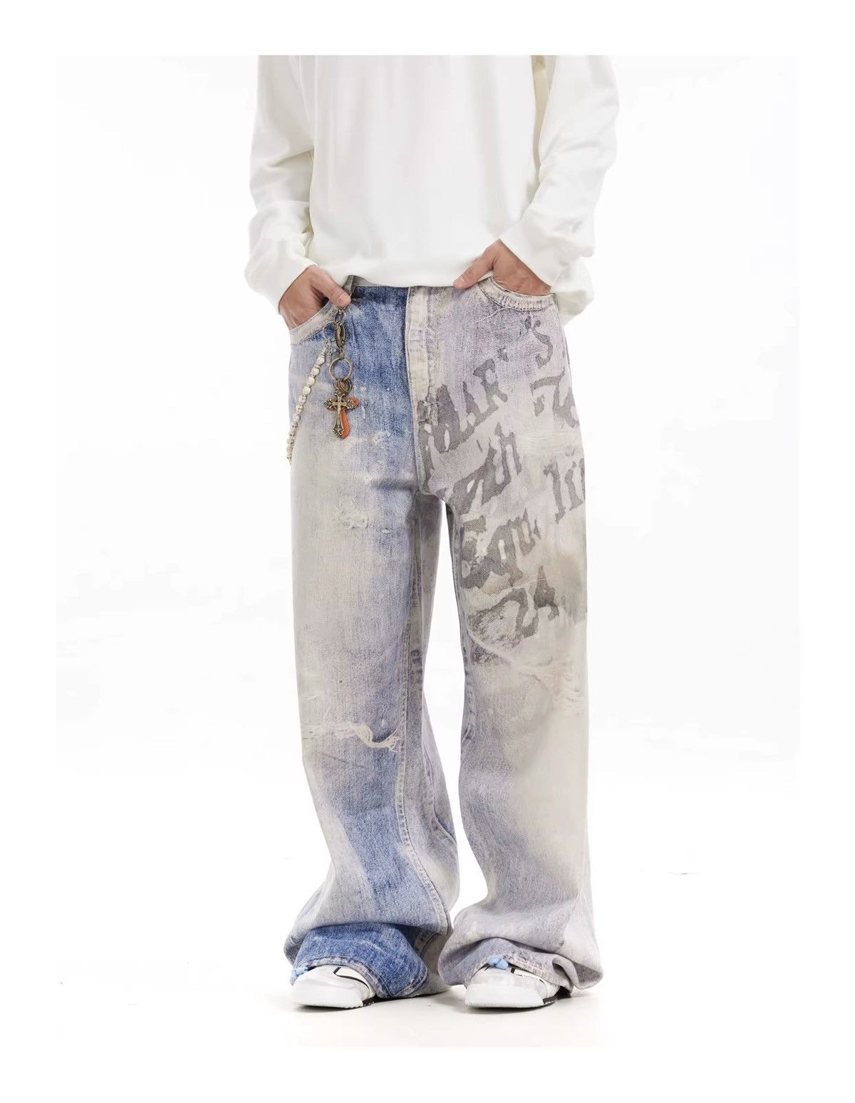 Designer × Jean Design Washed Blue Baggy Jeans Vintage Retro Size US 34 / EU 50 - 1 Thumbnail