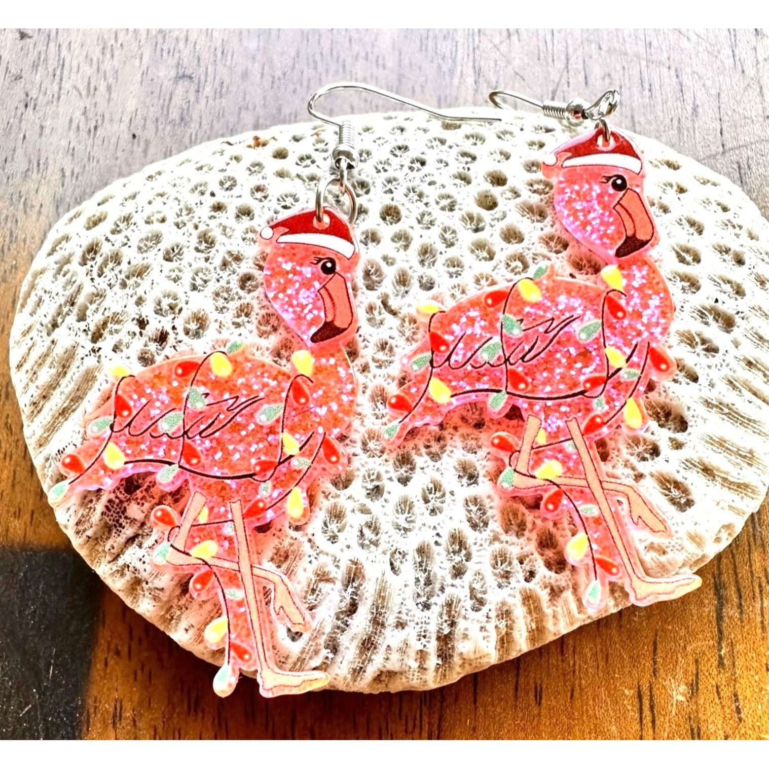 Handmade Christmas Flamingo Earrings New Santa Hat Holiday Lights Gli Size ONE SIZE - 5 Thumbnail