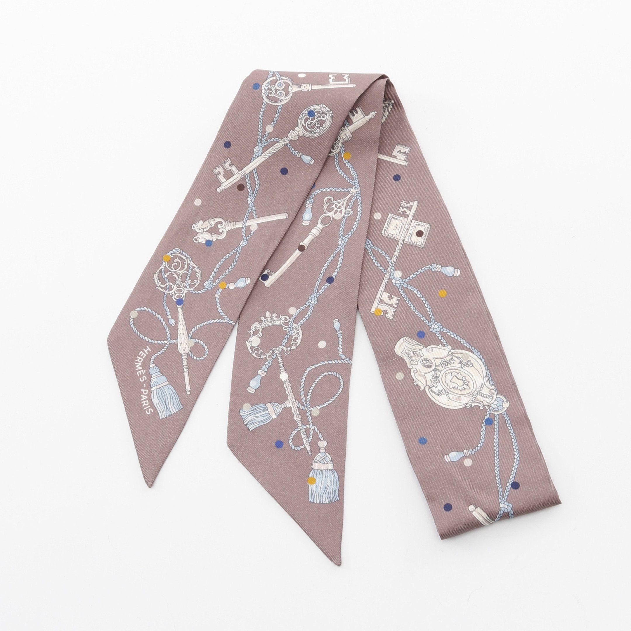 Hermes Hermes Twilly Les Cles A Pois Ribbon Scarf Silk Gray Brown Multicolor Size ONE SIZE - 1 Thumbnail