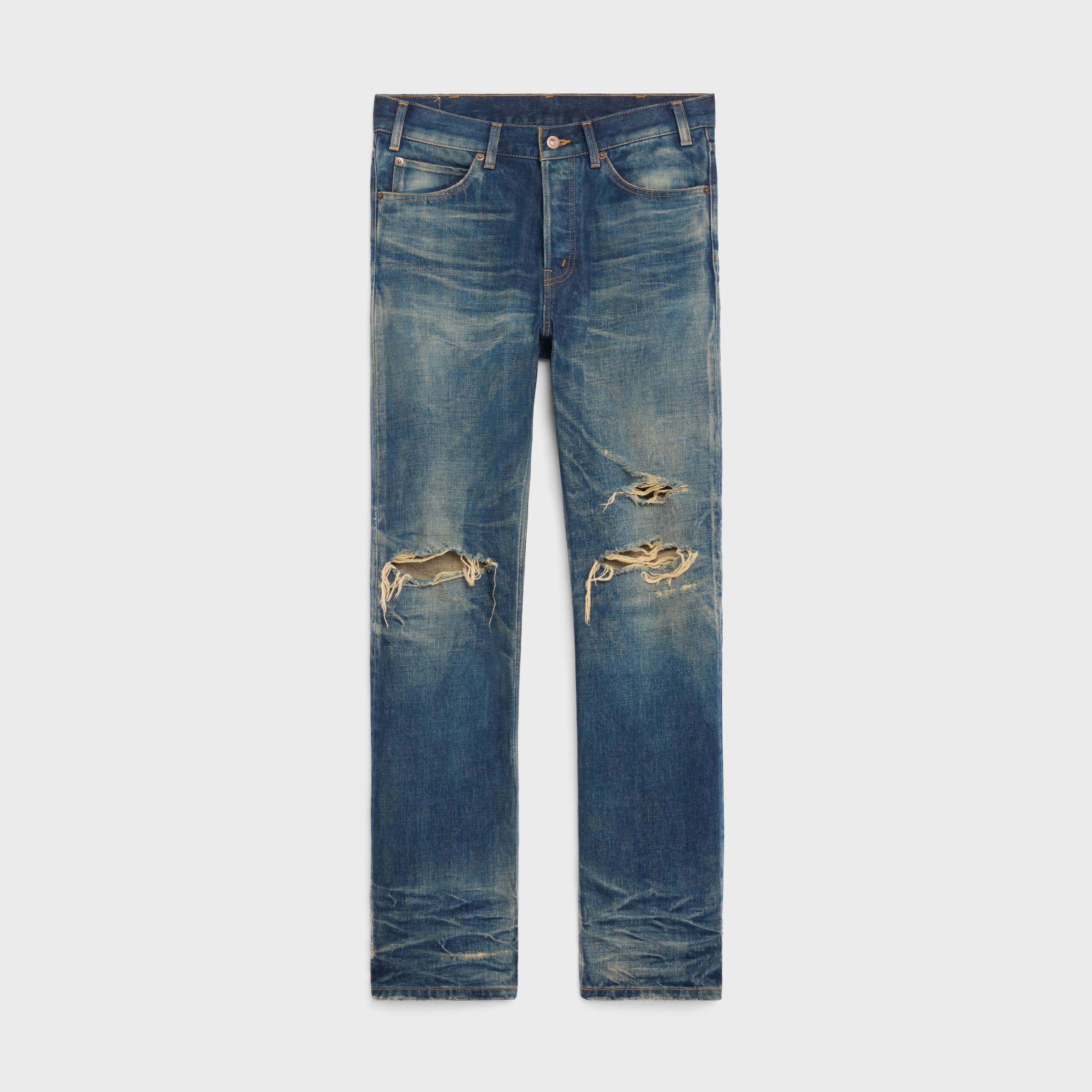 image of Celine Destroyed Kurt Jeans - Mid-Rise, Blue Marble Wash Denim, Men's (Size 30)