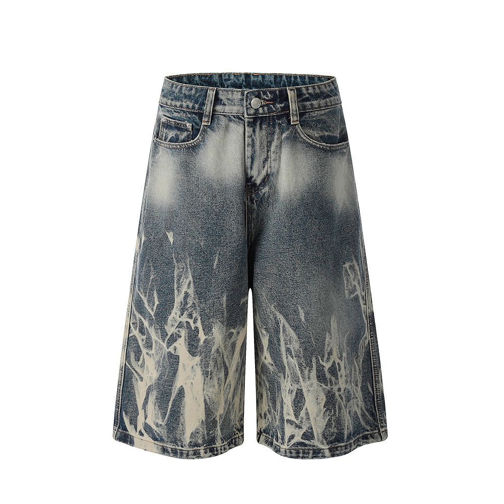 Trendy punk men's gradient washed tie-dye denim shorts