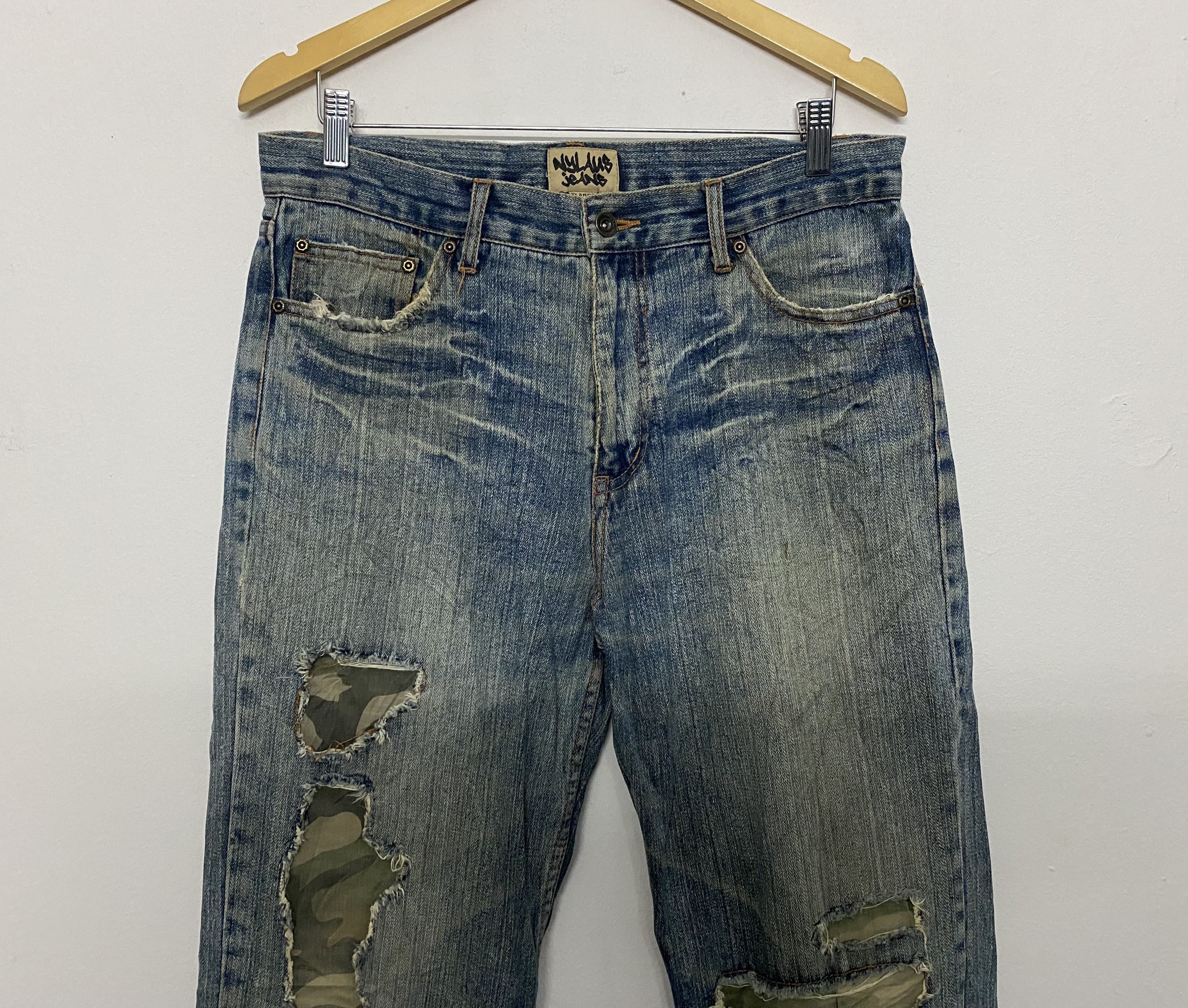 Japanese Brand Vintage Y2K NYLAUS JEANS Distressed Camo Patch Denim XLARGE Size US 34 / EU 50 - 3 Thumbnail