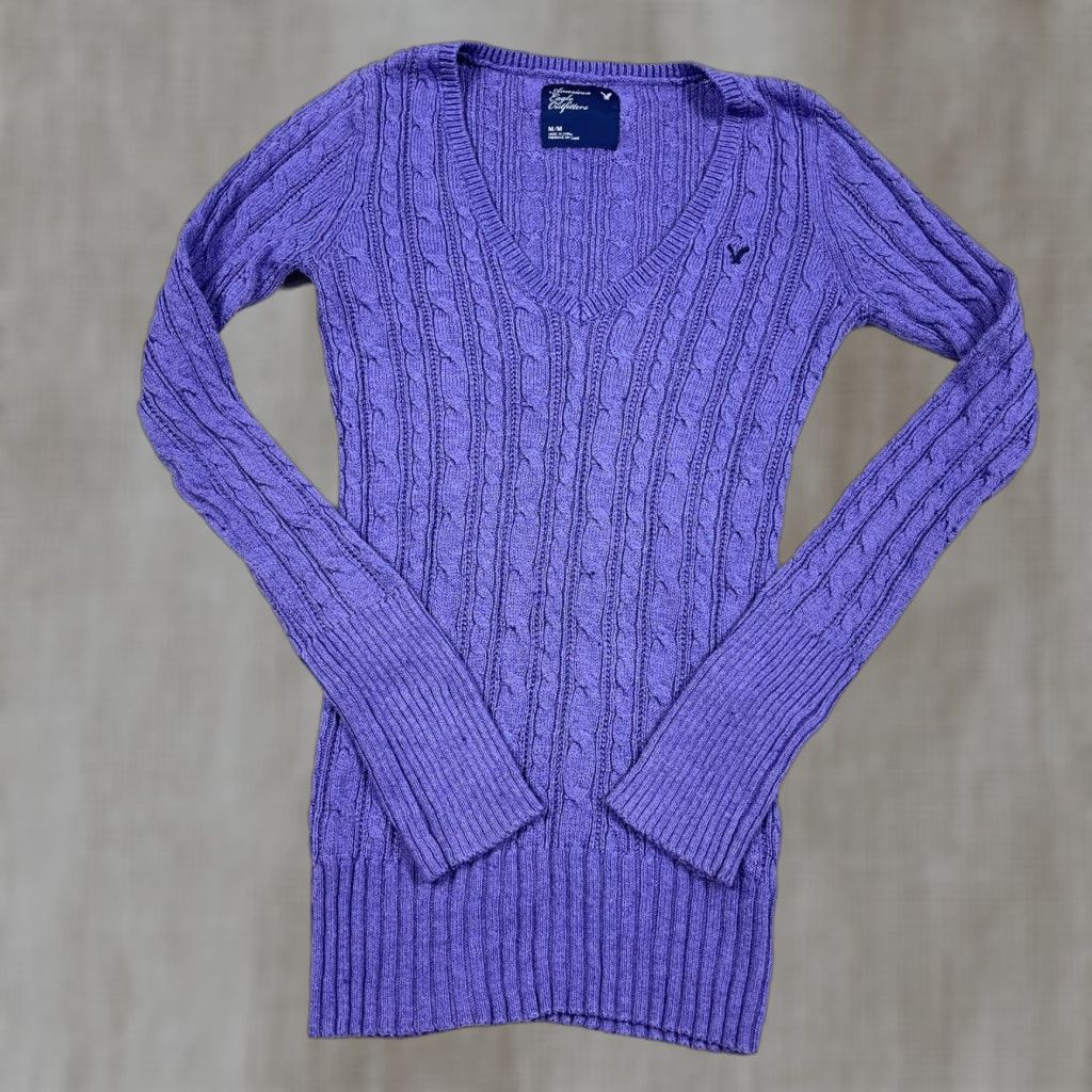American Eagle Outfitters VINTAGE American Eagle Outfitters Sweater Women M Purple Cable-Knit Fitted Pullover Size M / US 6-8 / IT 42-44 - 1 Thumbnail
