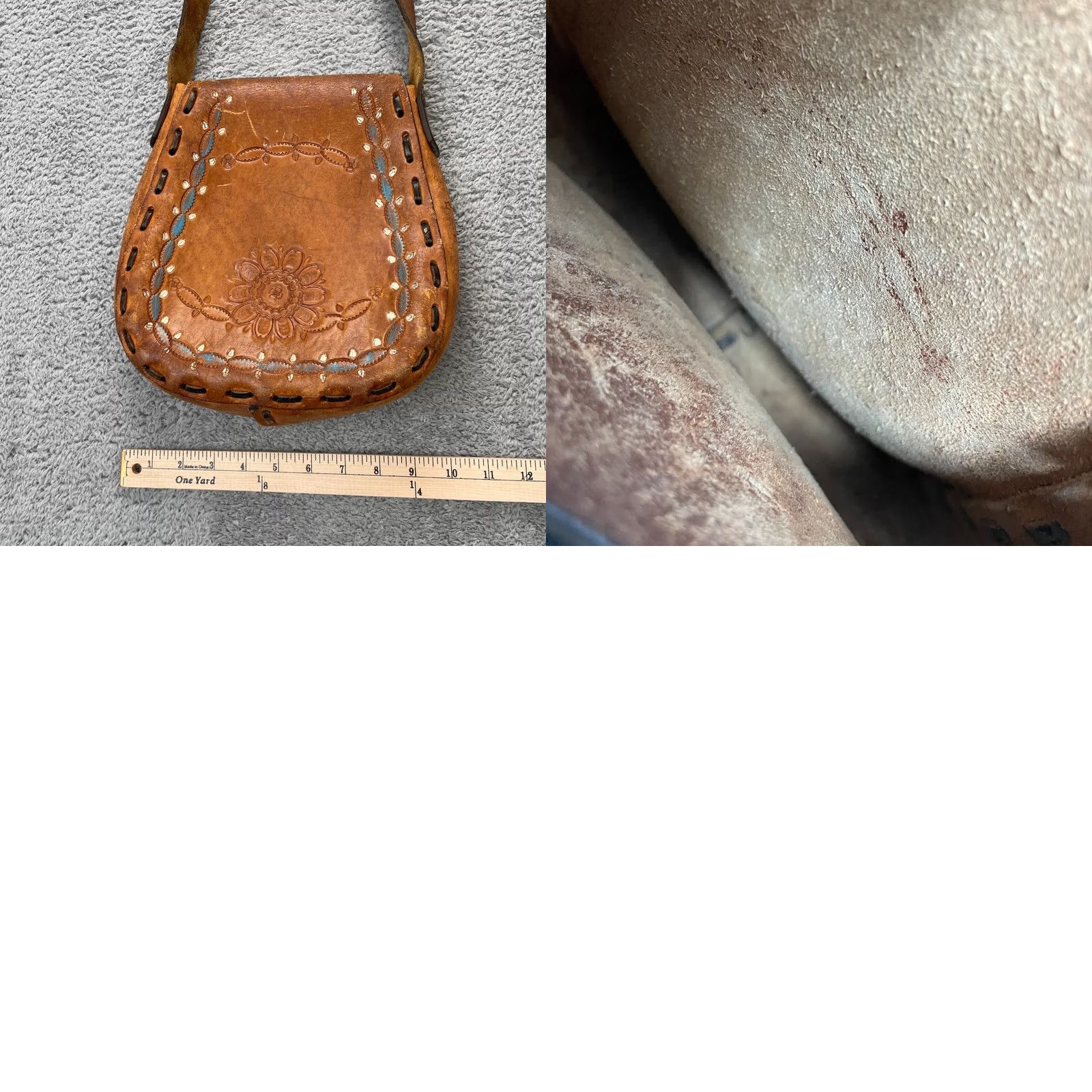 Vintage VINTAGE Tooled Leather Bag Womens Brown Floral Wood Slip Through Shoulder Strap Bag Medium Brown Leather Strap Accent Western Women's Handbag Size ONE SIZE - 8 Thumbnail
