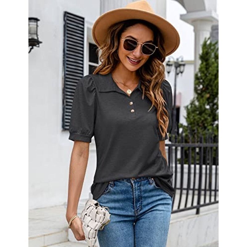 Kohl's Women's Lapel Collar Button Puff Short Sleeve Top Casual Size M / US 6-8 / IT 42-44 - 3 Thumbnail