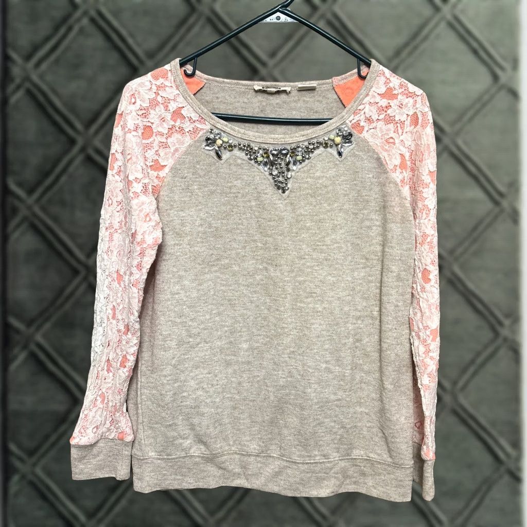 Miss Me Miss Me Lace Top Shirt bling jeweled beads L/S brown orange lace SEE MEAS. 2203 Size S / US 4 / IT 40 - 1 Thumbnail