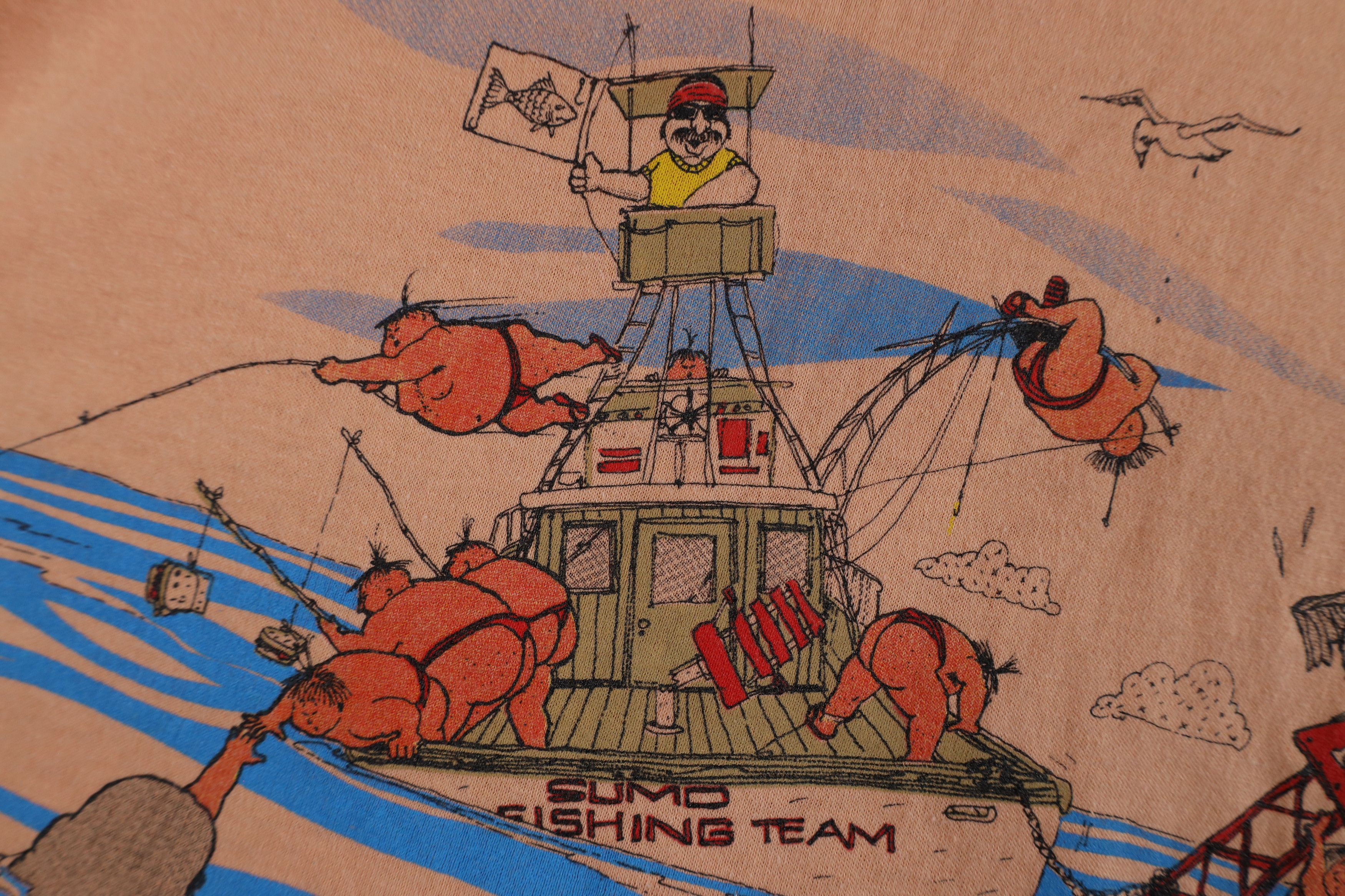 Vintage Vintage 80s Funny Comic Sumo Fishing Team T-Shirt Pink USA Size US M / EU 48-50 / 2 - 8 Thumbnail
