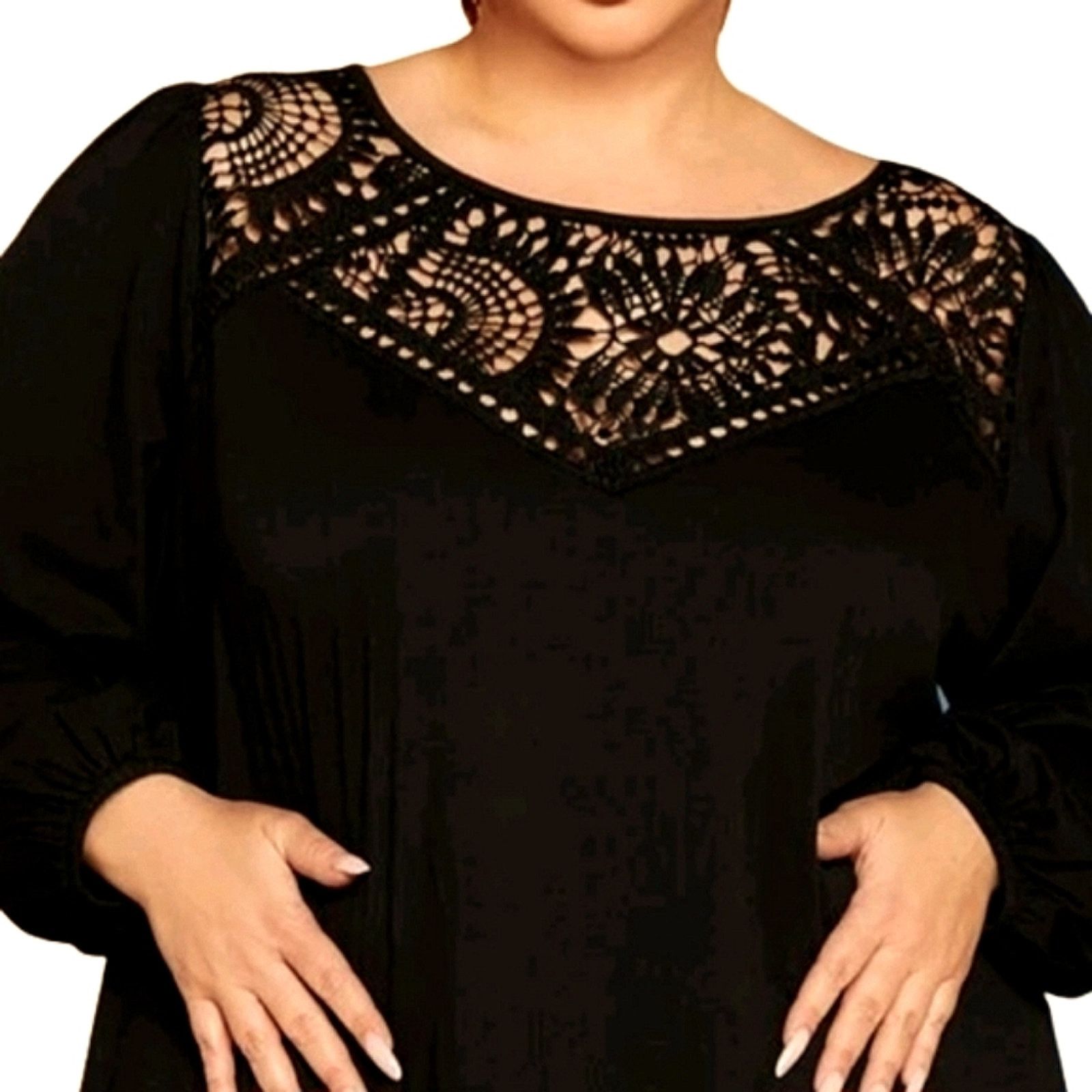 Shein CROCHET YOKE ☆ BLACK ☆ LANTERN SLEEVE TOP ☆ 22w ☆ NWT Size 3XL / US 20-22 - 2 Thumbnail