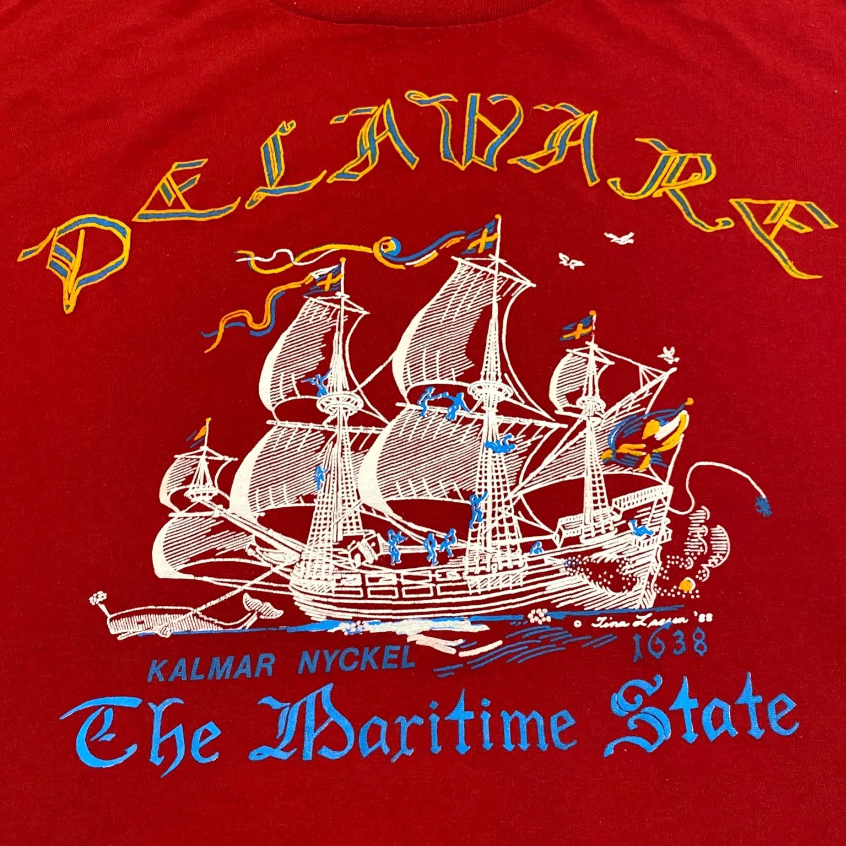 Jerzees VINTAGE Jerzees Delaware Shirt Mens XL Red 90s Jerzees T-shirt Short Sleeve Crew Neck Logo State Flag Classic Maritime Kalmar Nyckel Mens XL Red 90s Size US XL / EU 56 / 4 - 2 Thumbnail