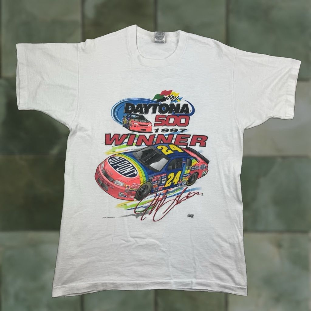 Fruit Of The Loom VINTAGE Jeff Gordon T-Shirt Men Large White 90s Rainbow Daytona Winner Graphic Print Sports Size US L / EU 52-54 / 3 - 1 Thumbnail