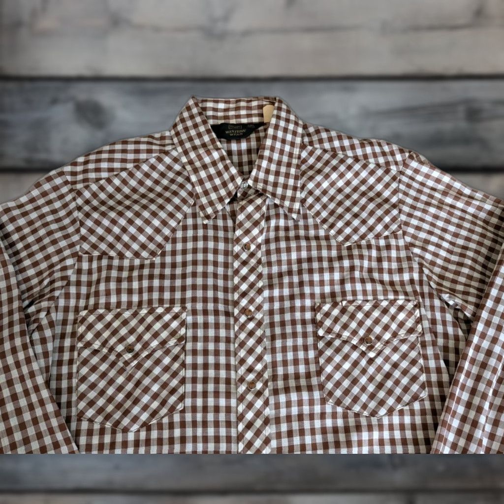 Sears Vintage Sears Western Wear Pearl Snap Shirt Brown Plaid Check XL Tall Mens Size US XL / EU 56 / 4 - 1 Thumbnail
