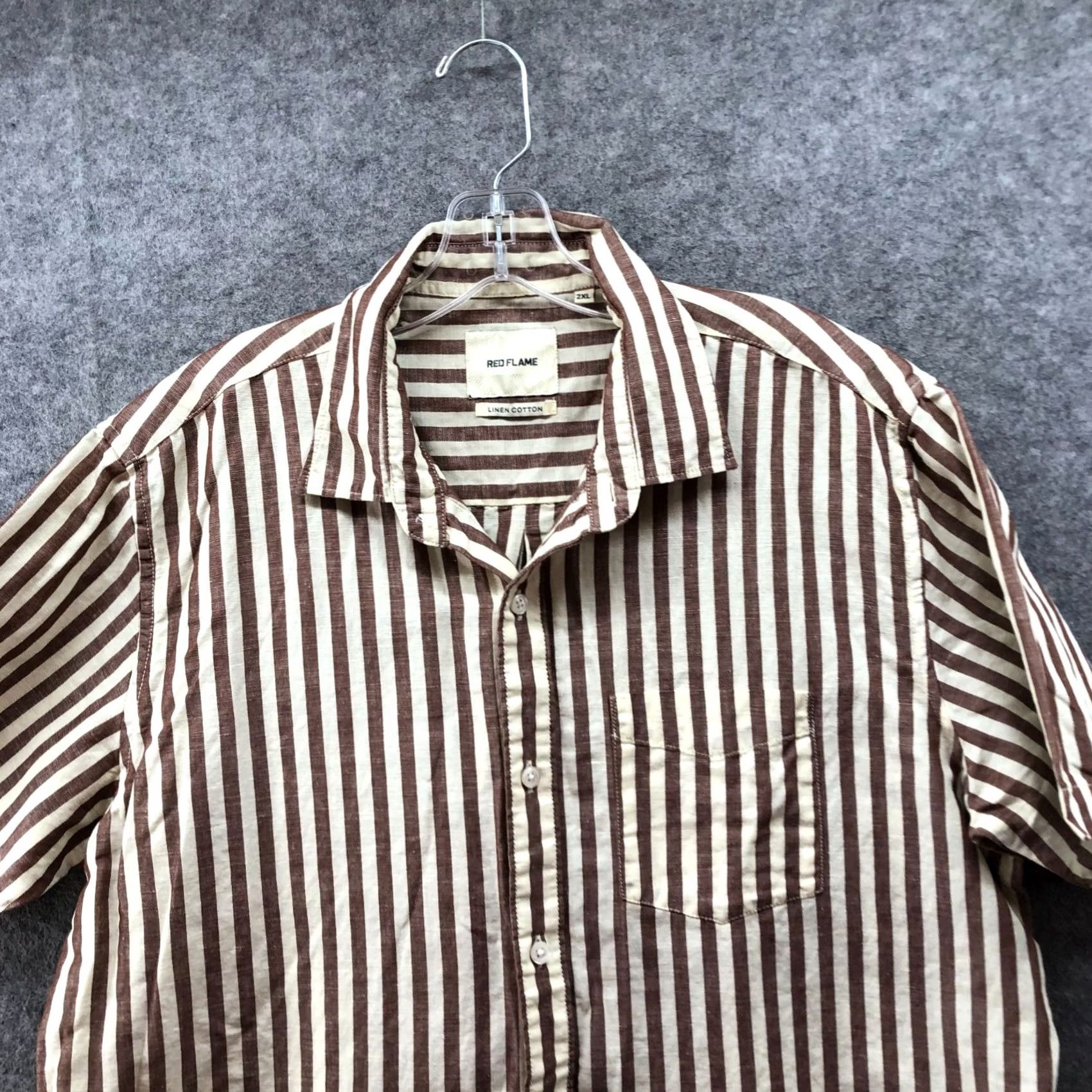 Vintage Red Flame Shirt Mens 2XL Tan White Striped Short Sleeve Button Up Linen Cotton Shirt Mens 2XL Tan White Striped Button-Up Size US XXL / EU 58 / 5 - 3 Thumbnail