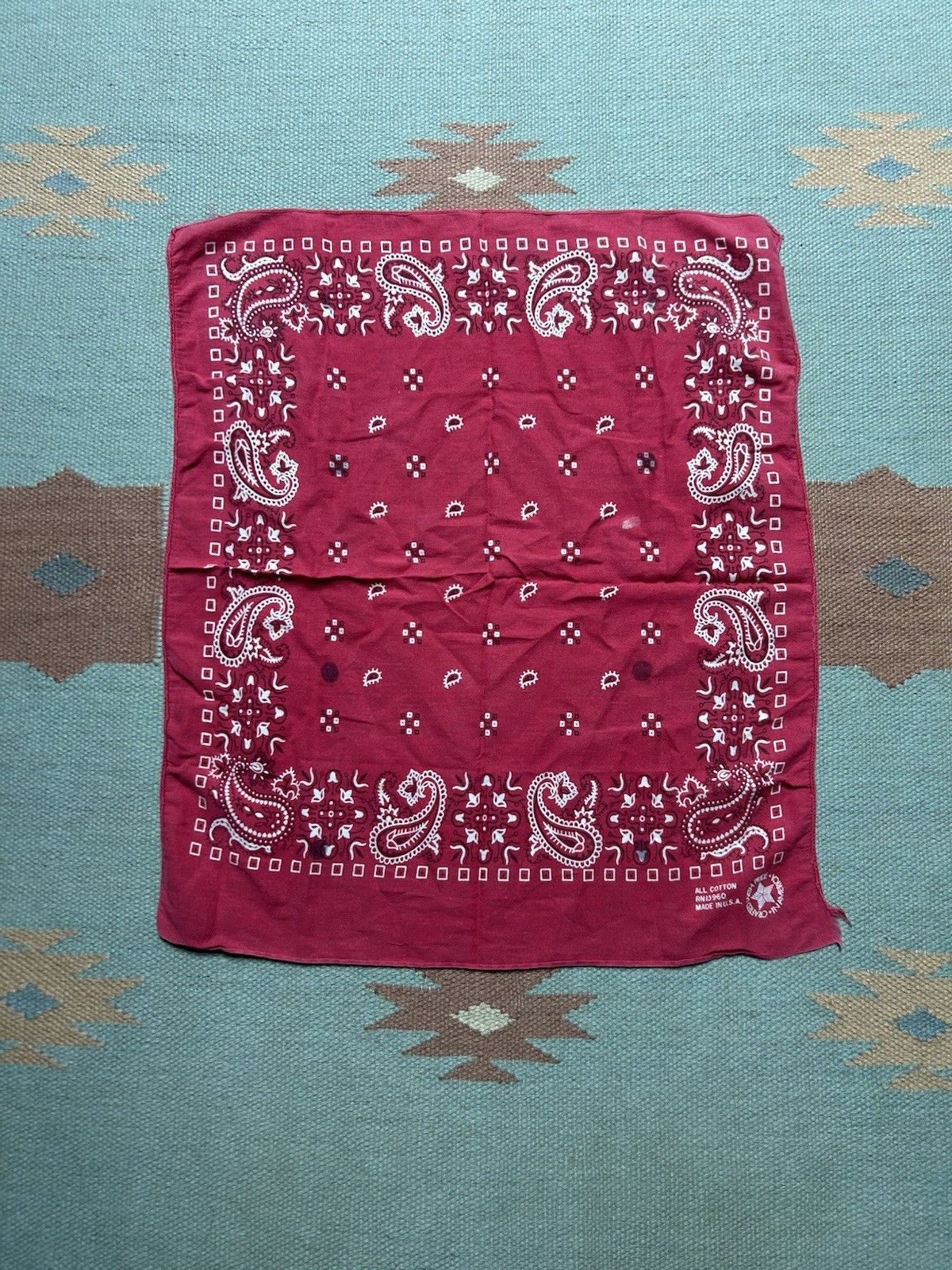Vintage Vtg cotton bandana handkerchief paisley geometric distre USA Size ONE SIZE - 1 Thumbnail