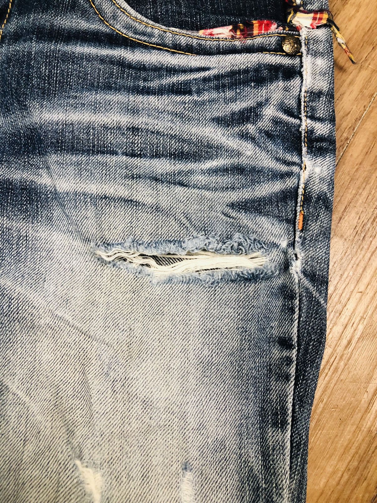 If Six Was Nine Pasta Denim Bootcut Distressed Jeans Plaid Patches (40) Size 26" / US 2 / IT 38 - 7 Thumbnail
