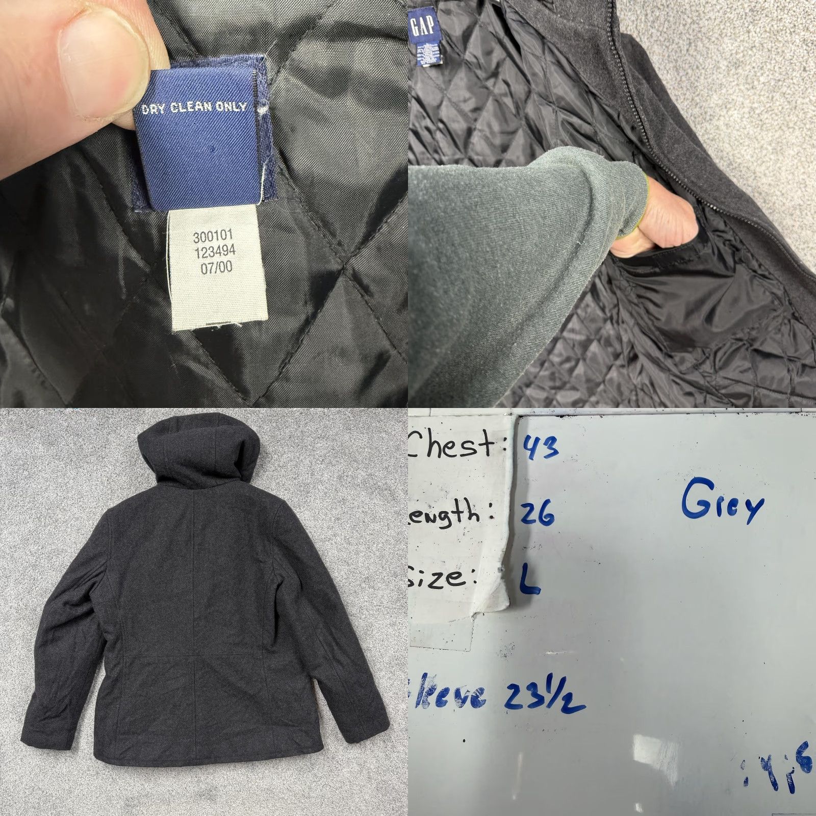 Gap VINTAGE Gap Jacket Mens Large Gray Wool Hooded Parka Full Zip Quilted Lined Padded Pockets 00s Size US L / EU 52-54 / 3 - 8 Thumbnail