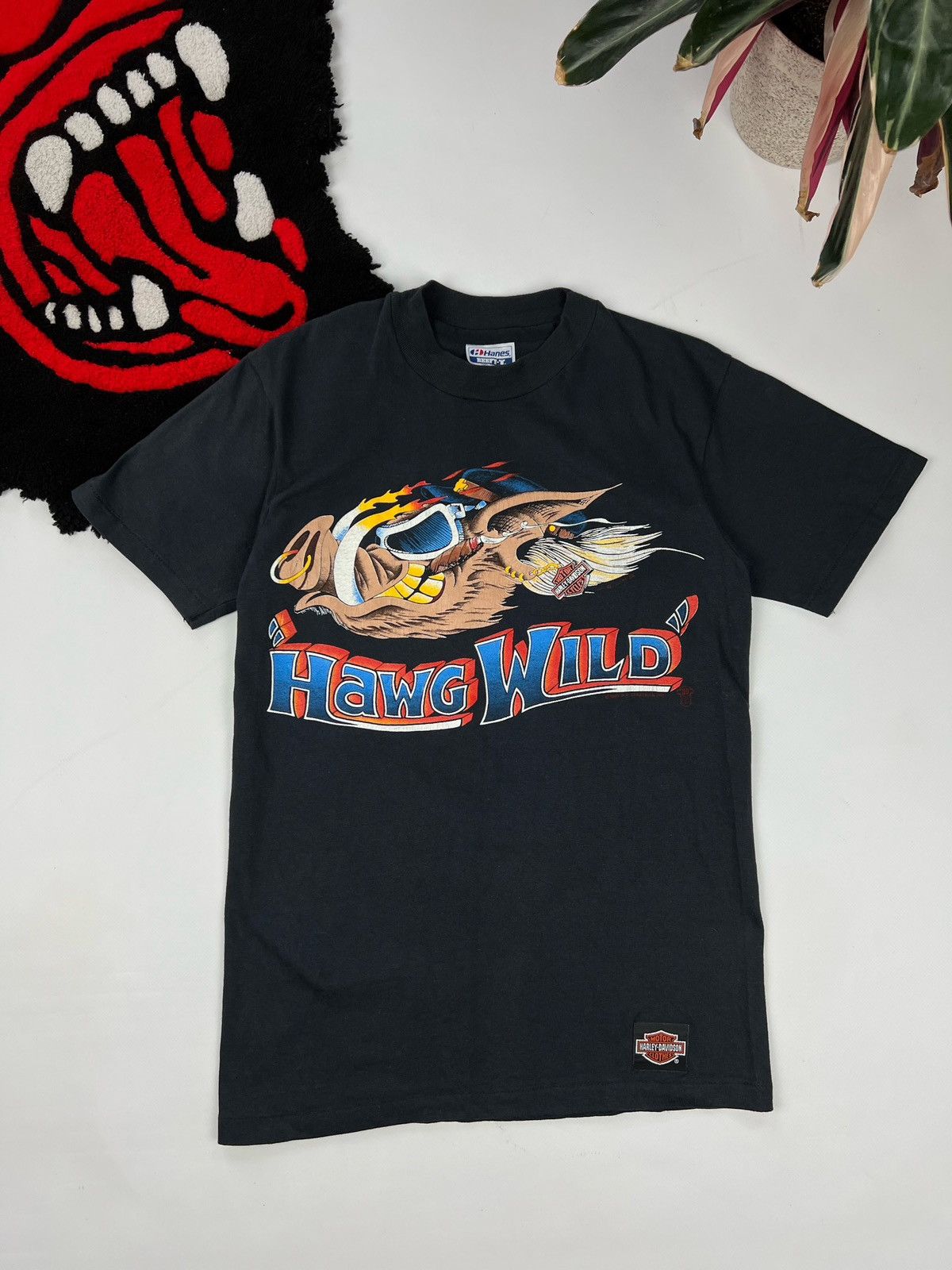 image of 80's Harley Davidson 3D Emblem Hawg University Tee in Black, Men's (Size Small)