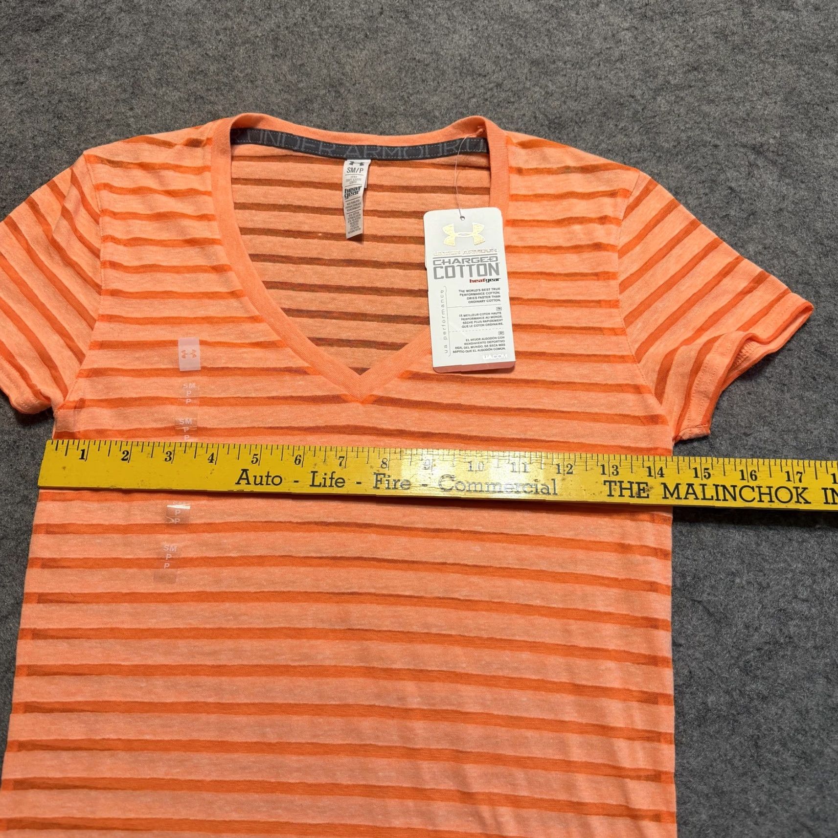 Under Armour Under Armour Shirt Women's Fitted T-Shirt S Orange Stripe Charged Cotton Heatgear Semi-Sheer V-Neck Short Sleeve Yoga Running Gym Training 90s Y2K Size S / US 4 / IT 40 - 3 Thumbnail