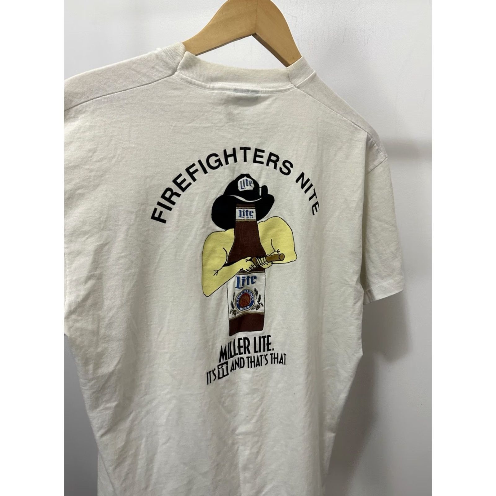 Vintage VTG Miller Lite Firefighter Nite Worn Single Stitch T-Shirt Size L Shirt Men White 60s? 70s? Size US L / EU 52-54 / 3 - 3 Thumbnail