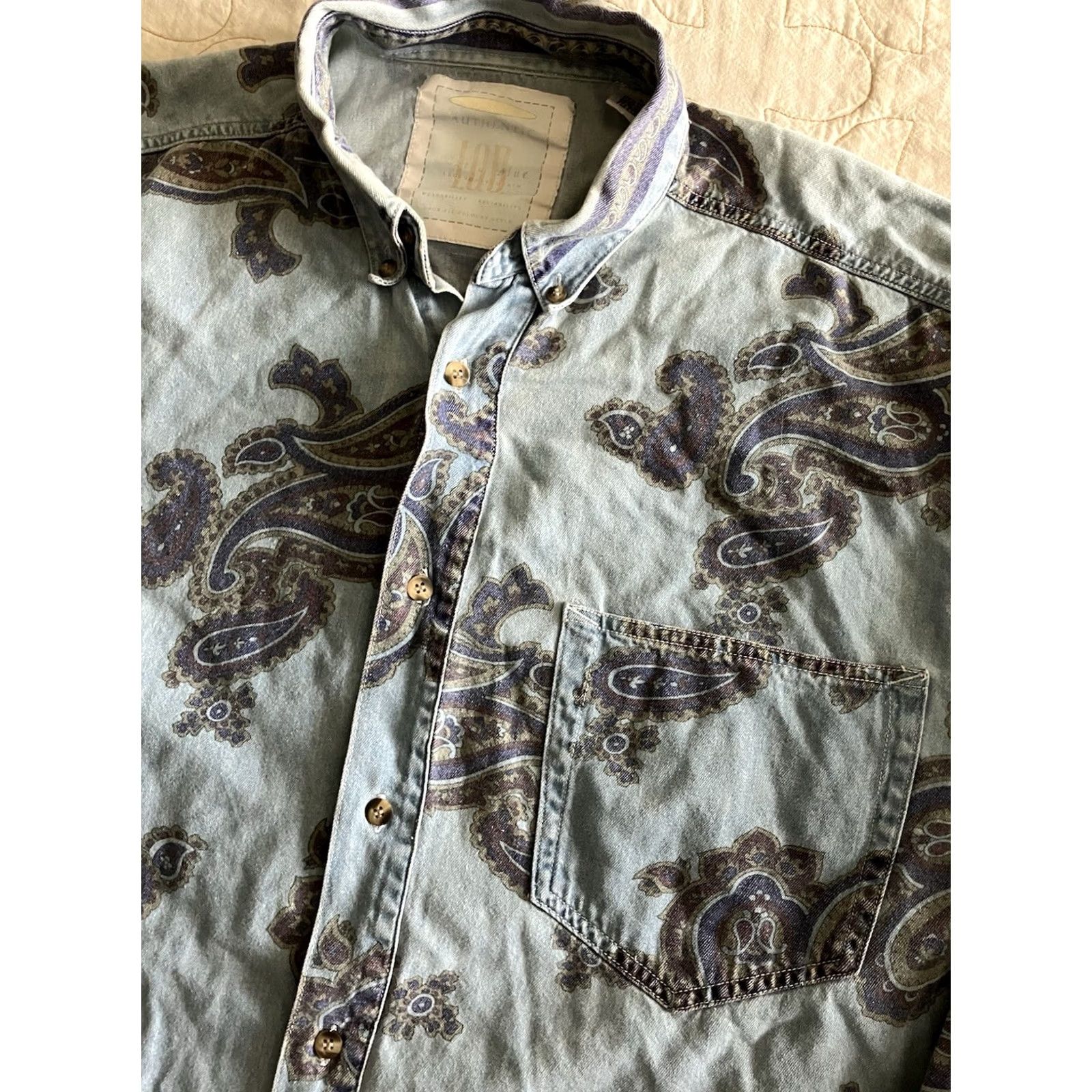 Vintage IOU Collection Mens Vintage Denim Long Sleeve Button Down Shirt Paisley Print Gray L Size US L / EU 52-54 / 3 - 2 Thumbnail