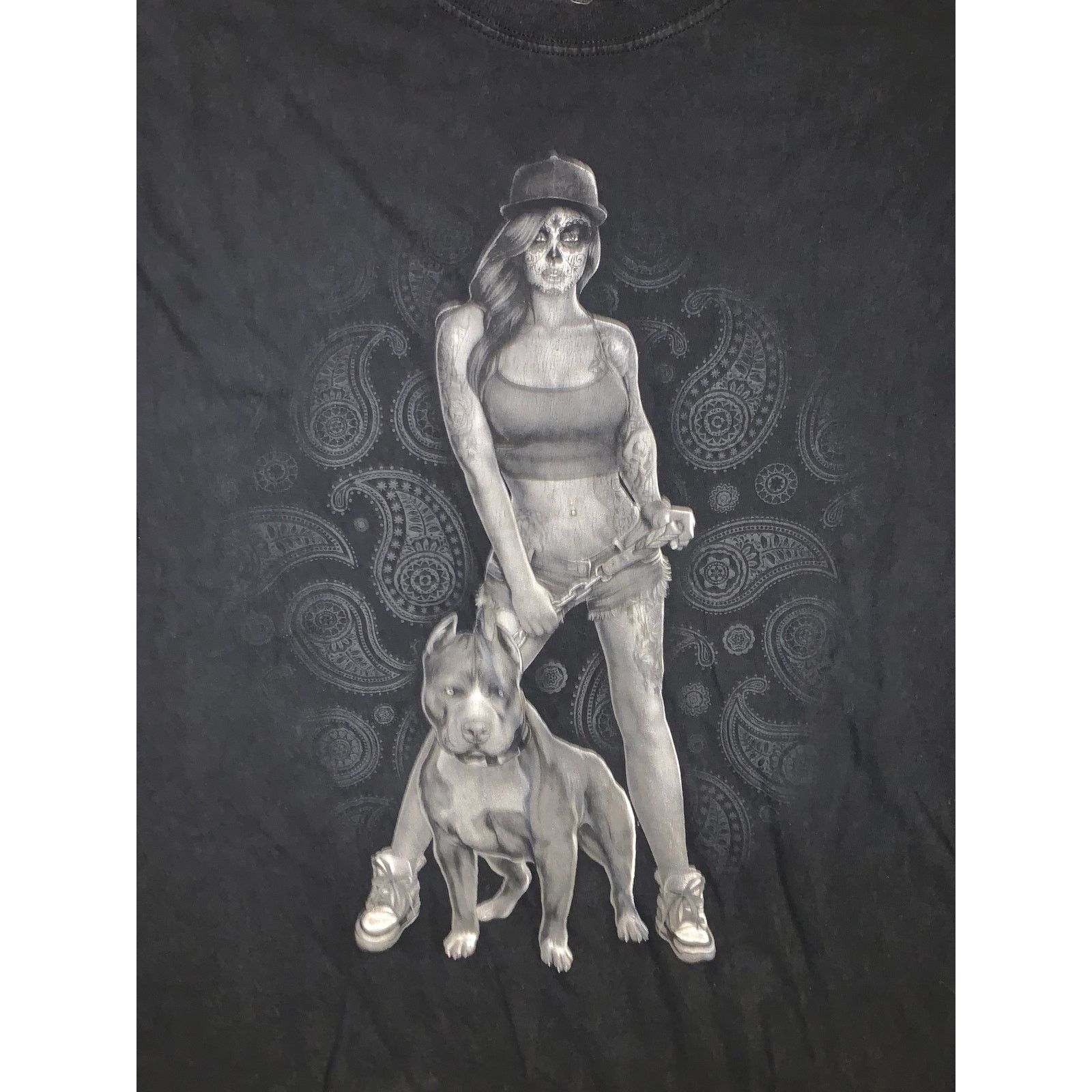 Fruit Of The Loom Y2K Calavera Girl Pitbull Paisley Graphic T Shirt Tattoo L Size US L / EU 52-54 / 3 - 1 Thumbnail