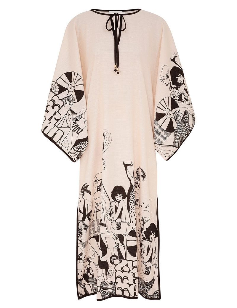 Zimmermann oc11z0126 Maxine Kaftan Midi Dress in Cream/Black Size L / US 10 / IT 46 - 1 Thumbnail