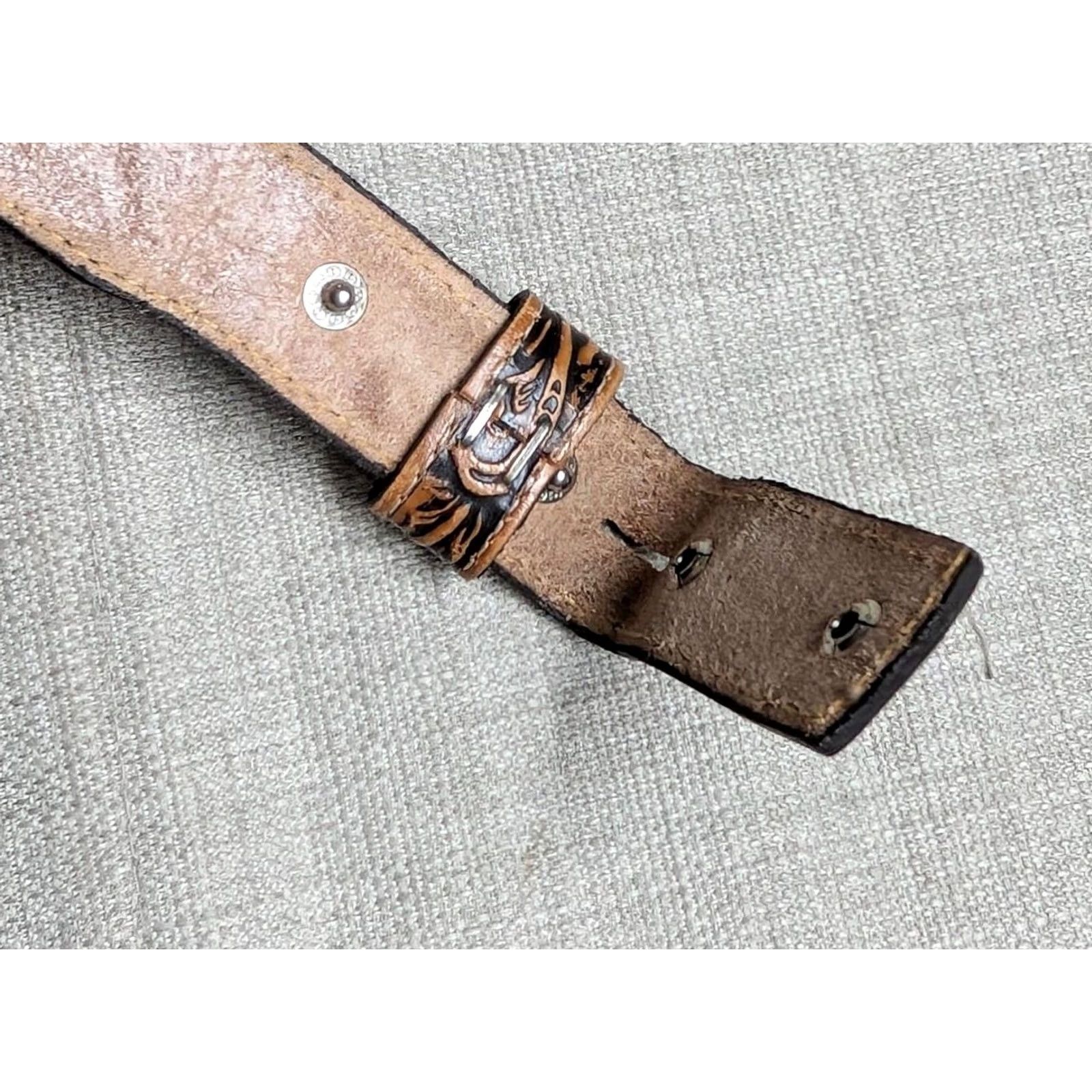 Tony Lama VINTAGE Tony Lama Belt Buckle Western Belt, Leather, 28, Brown, Floral, USA Made, Cowboy, Ranger, Full Grain Cowhide, 1-3/8" Wide, Mens Size 28 - 4 Thumbnail