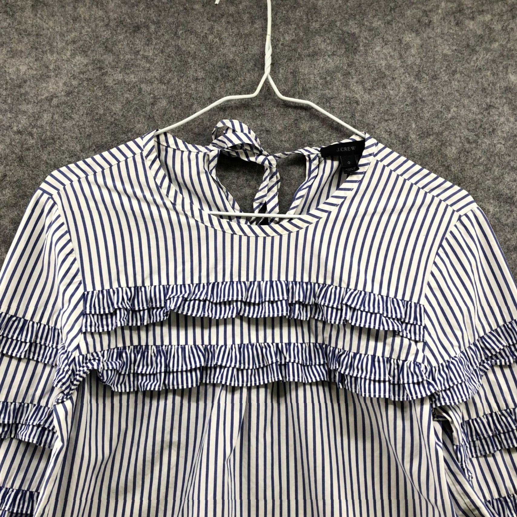 J.Crew J. Crew Long Sleeve Blouse Womens 0 XS Blue White Stripe Ruffle Cotton Crew Neck Tie Back Nautical Casual Blouse Womens Size XS / US 0-2 / IT 36-38 - 3 Thumbnail