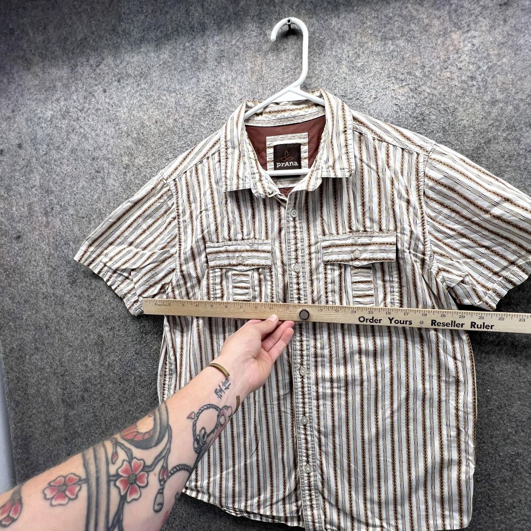 Prana prAna Shirt Mens Medium Brown Stripe Short Sleeve Button Front Casual Woven Size US M / EU 48-50 / 2 - 4 Thumbnail