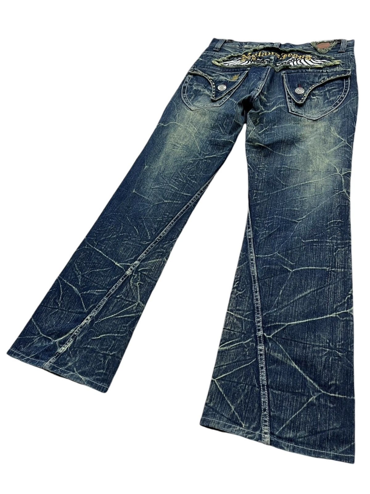 Japanese Brand 🔥NYLAUS Embroidery Winged Studded Long Flap Mudwash FLARE Size US 31 - 7 Thumbnail